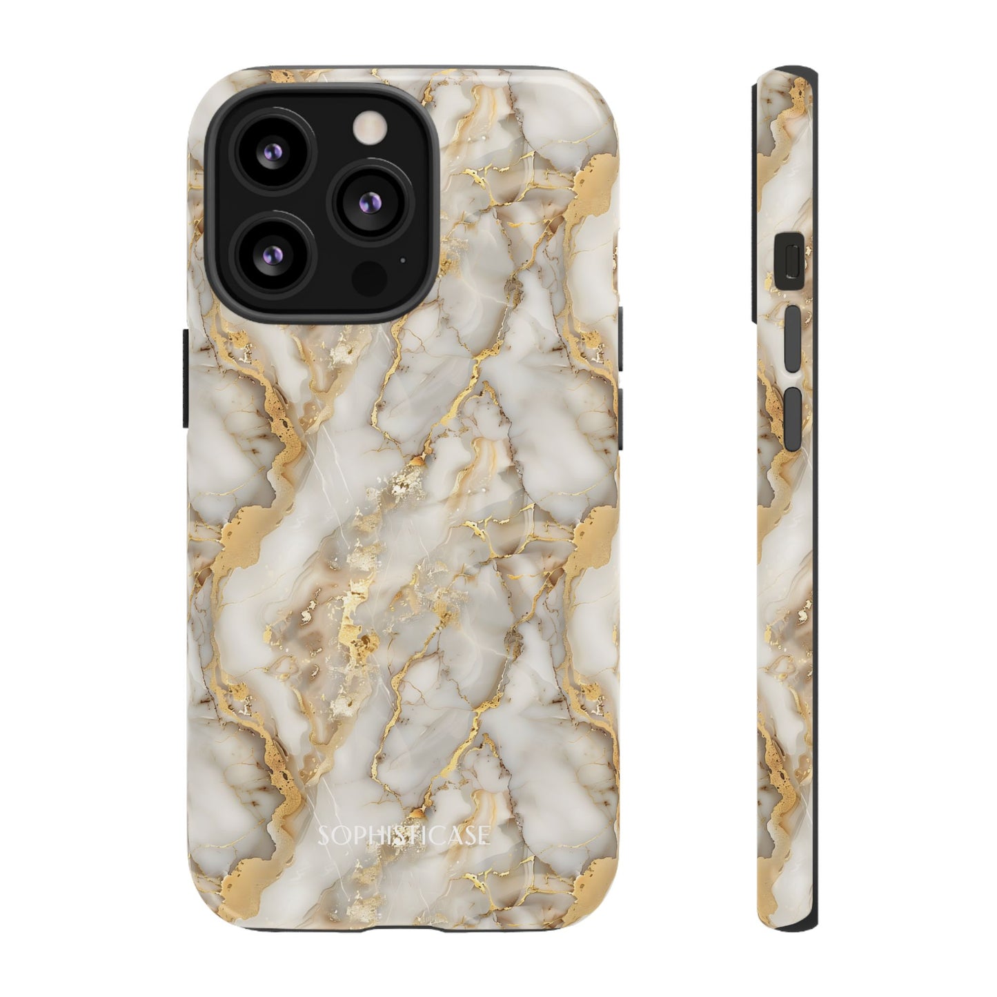Phone case with gold and white marble pattern on a white background