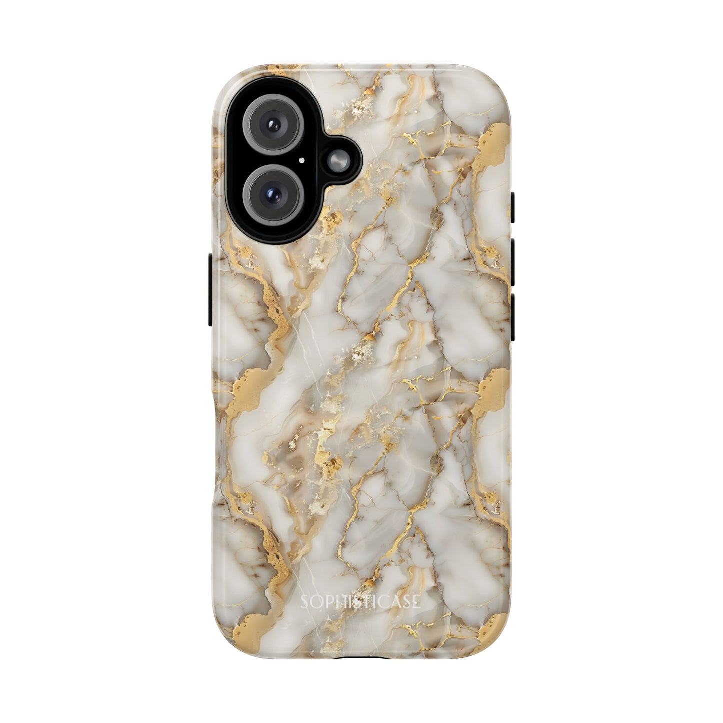 Phone case with marble pattern featuring gold and white on a white background