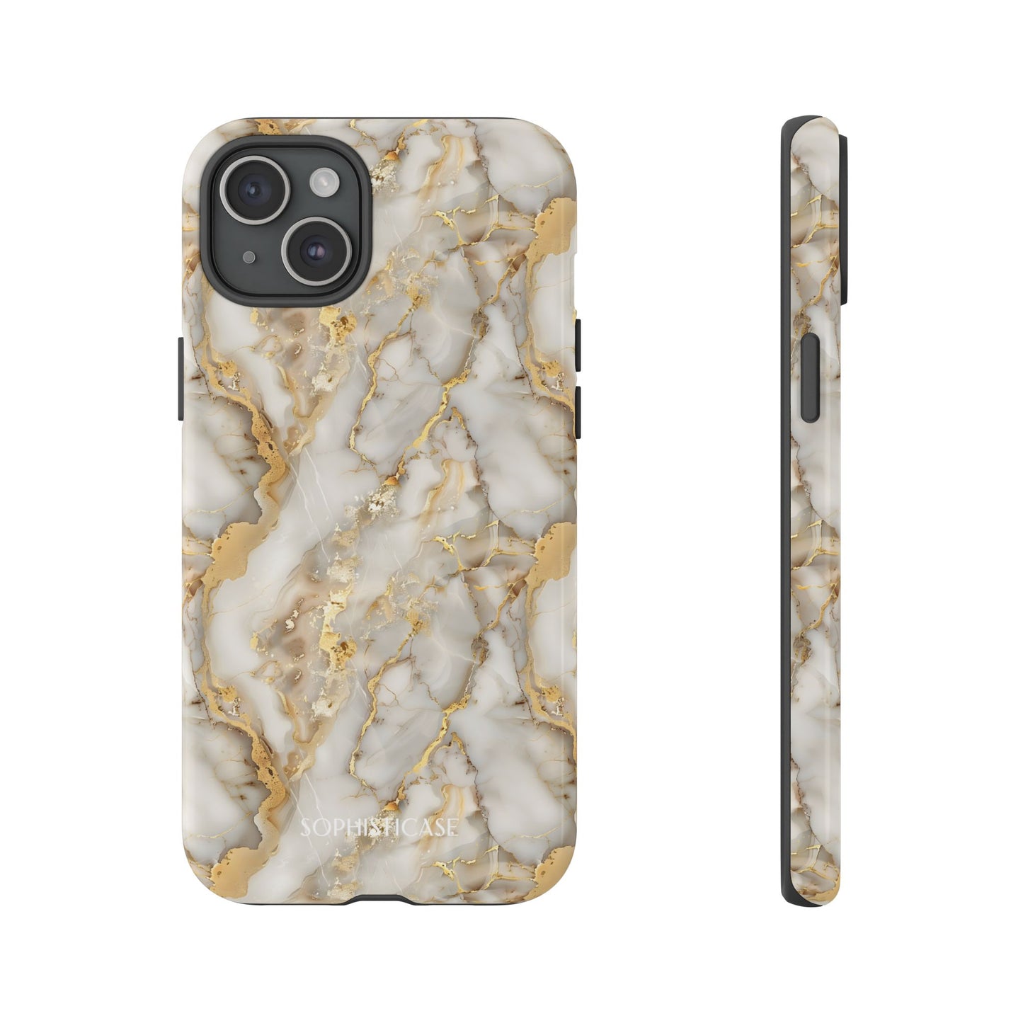 Phone case with gold and white marble pattern on a white background