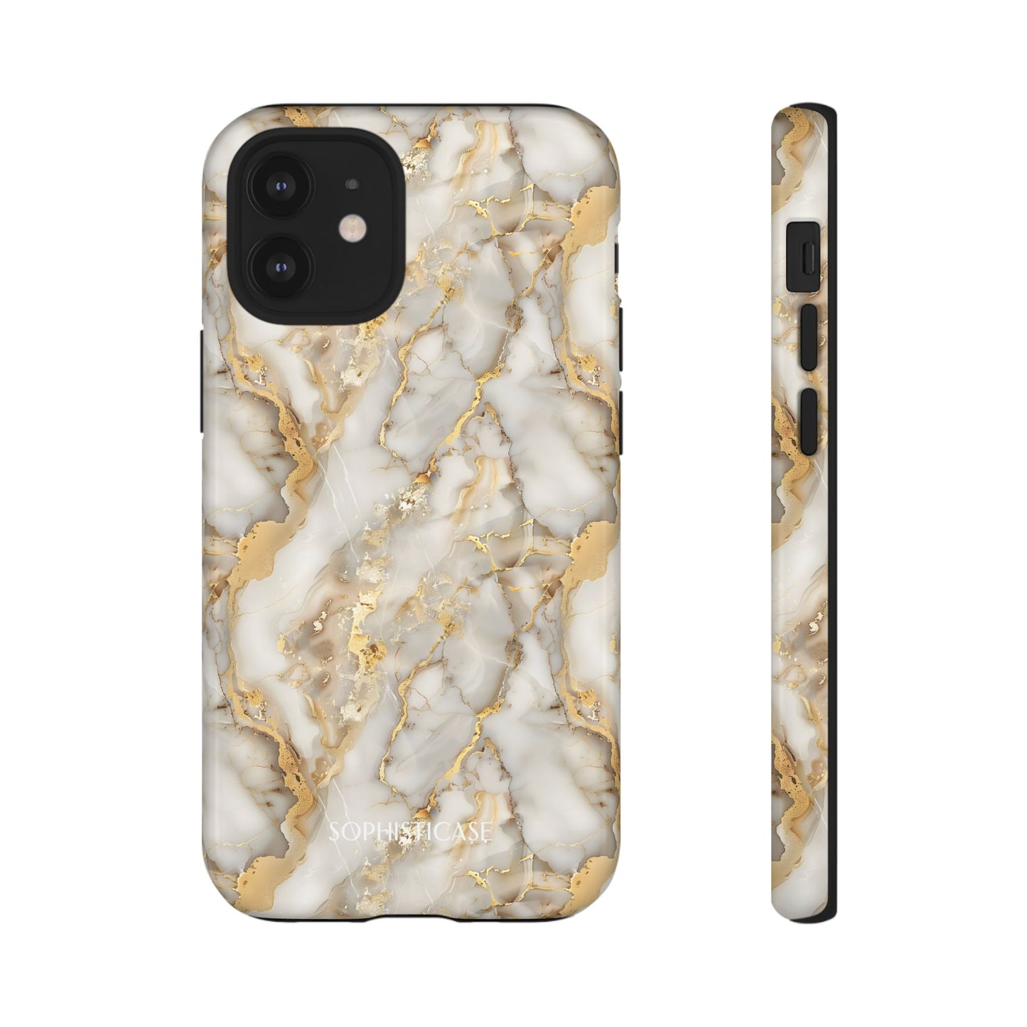 Phone case with gold and white marble pattern on a white background