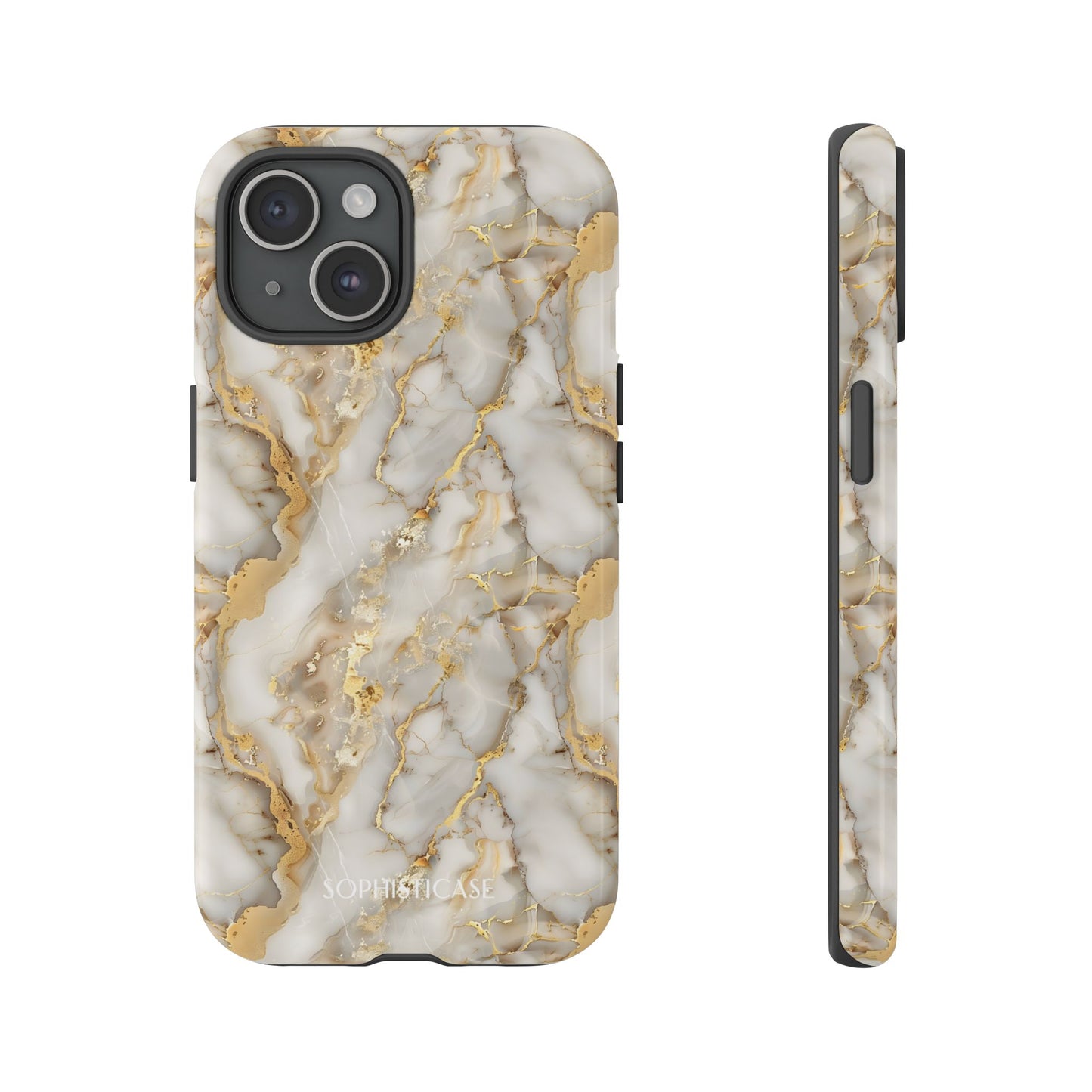 Phone case with gold and white marble pattern on a white background