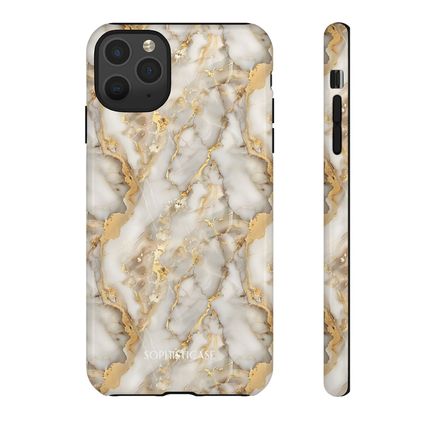 Phone case with gold and white marble pattern on a white background