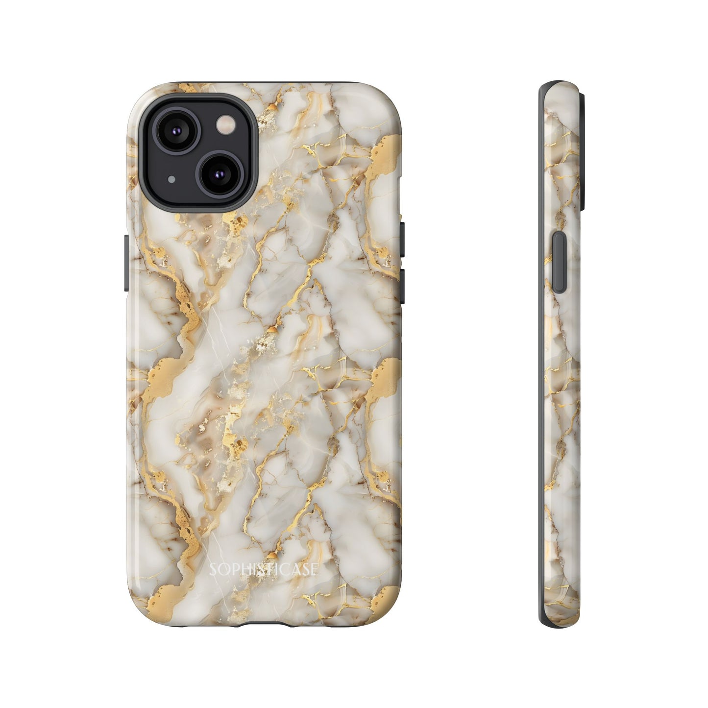 Phone case with gold and white marble pattern on a white background