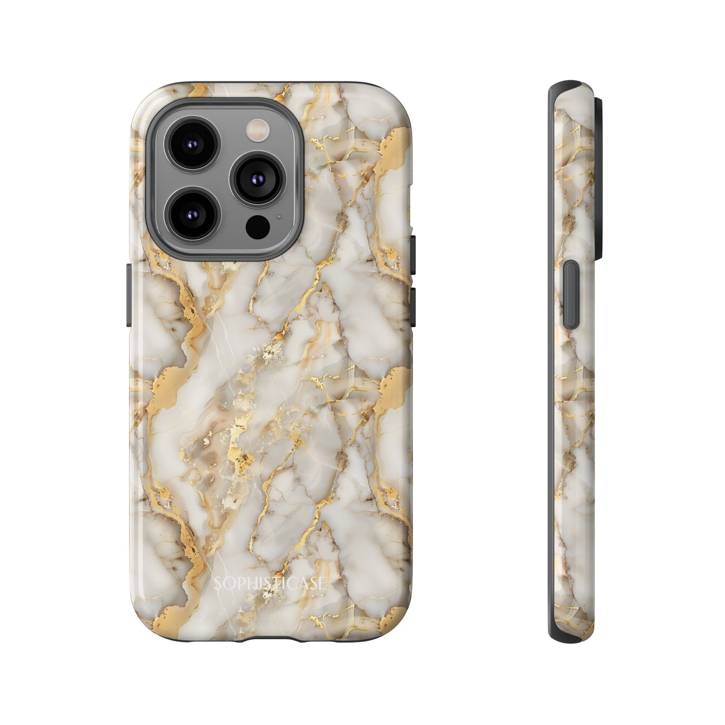 Phone case with gold and white marble pattern on a white background