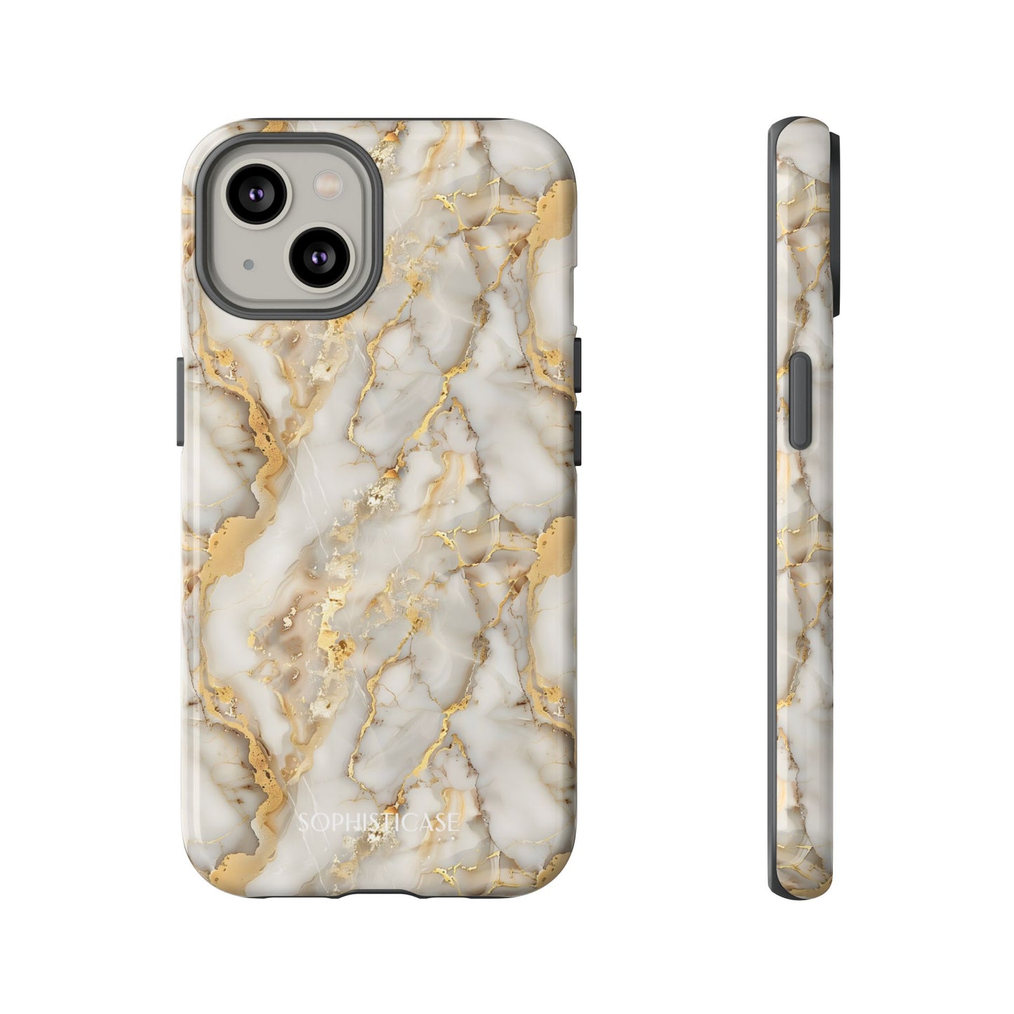Phone case with gold and white marble pattern on a white background
