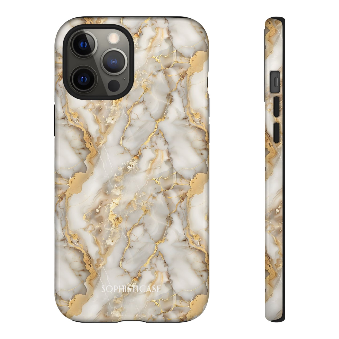 Phone case with gold and white marble pattern on a white background