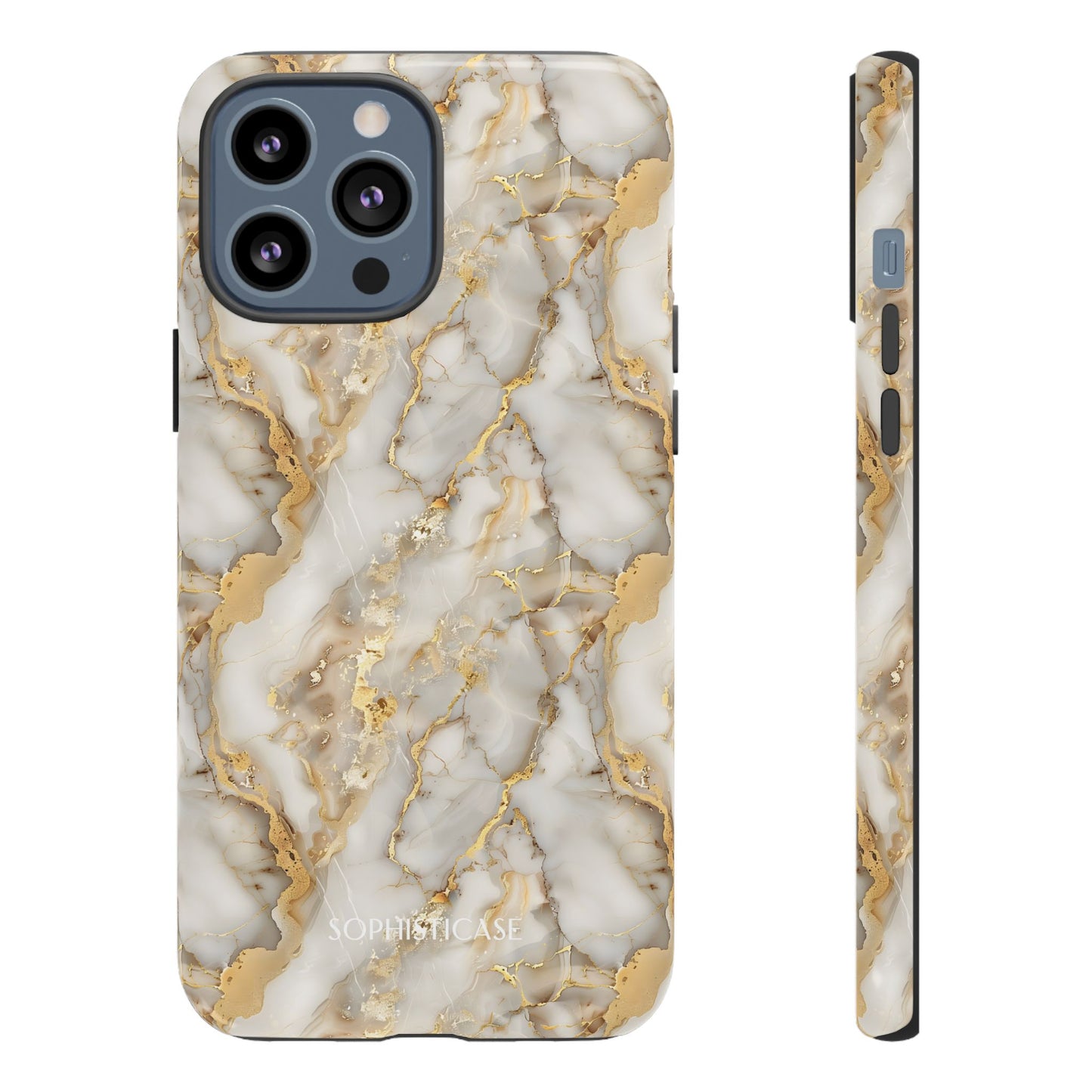 Phone case with gold and white marble pattern on a white background