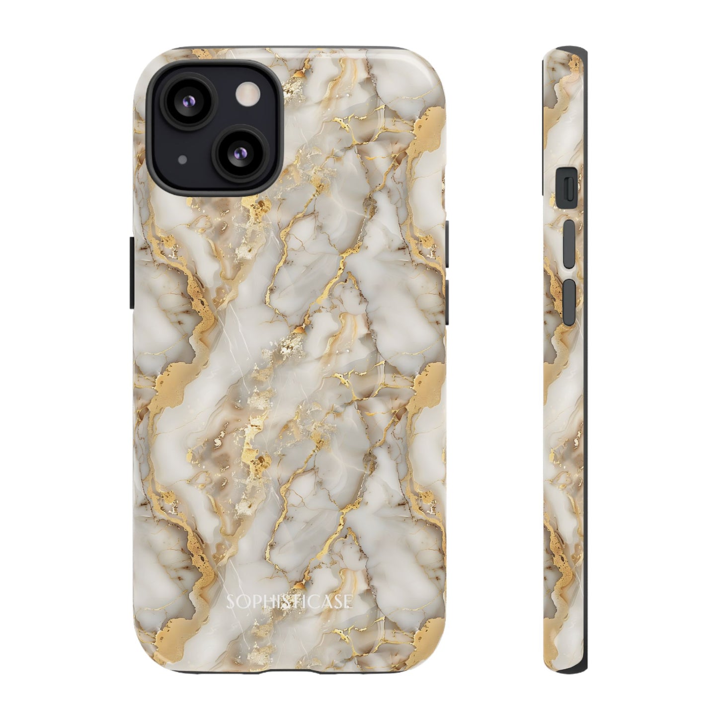Phone case with gold and white marble pattern on a white background