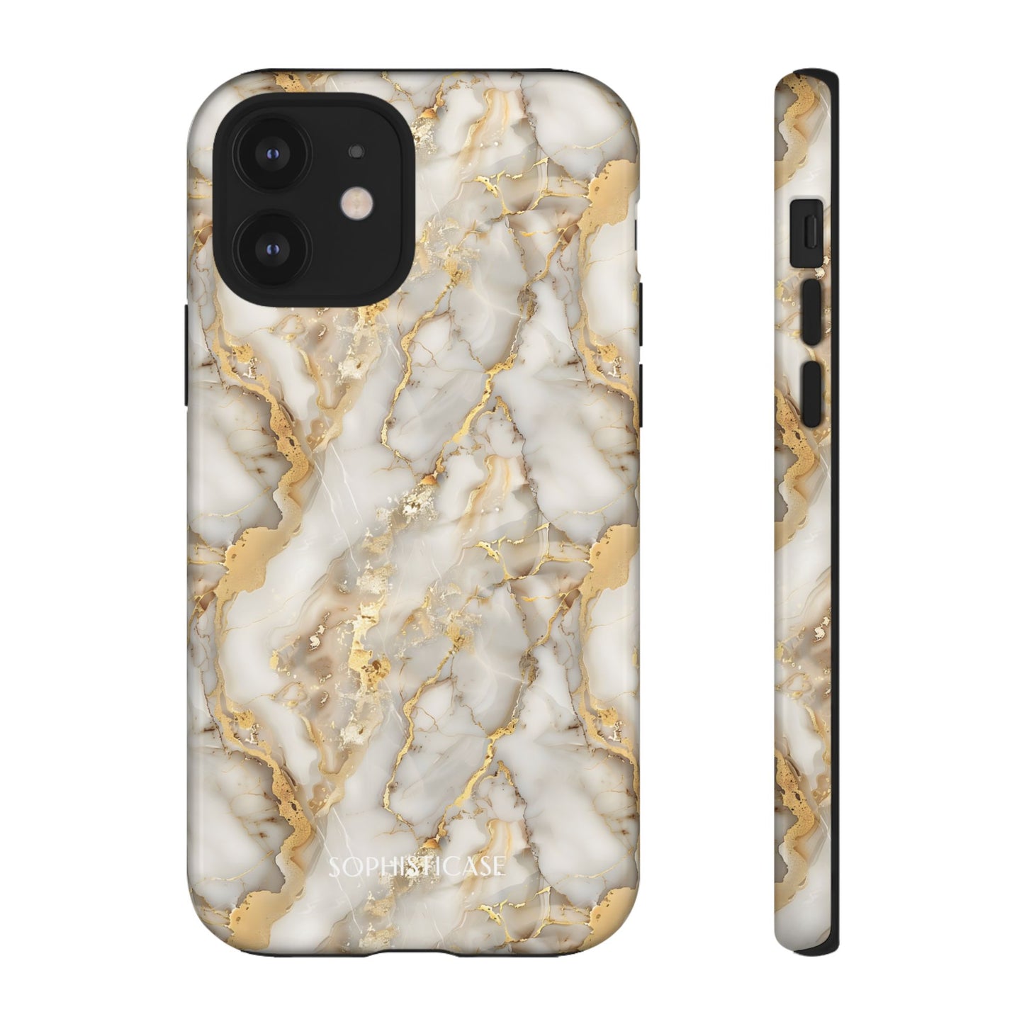 Phone case with gold and white marble pattern on a white background