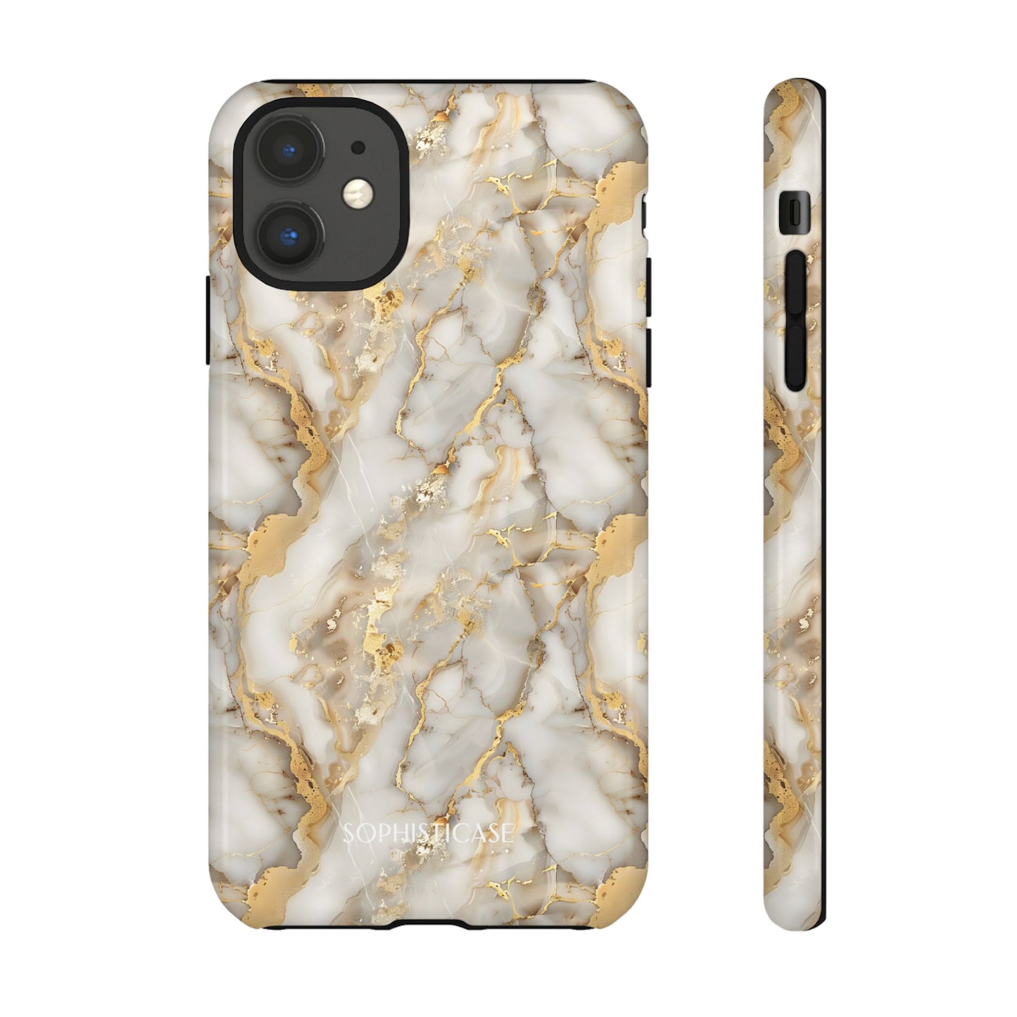 Phone case with gold and white marble pattern on a white background