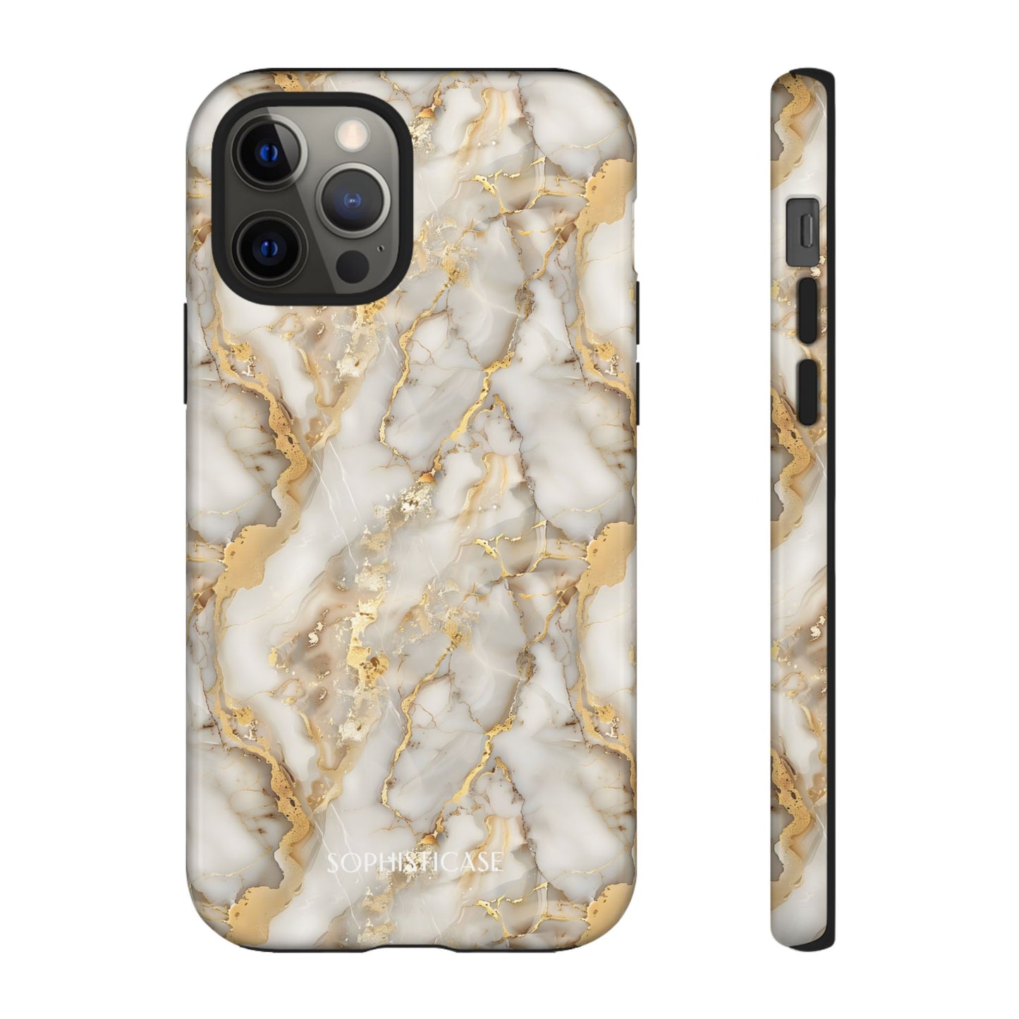 Phone case with gold and white marble pattern on a white background