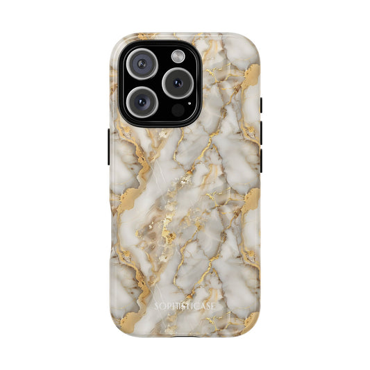 Phone case with marble design featuring gold and white on a white background