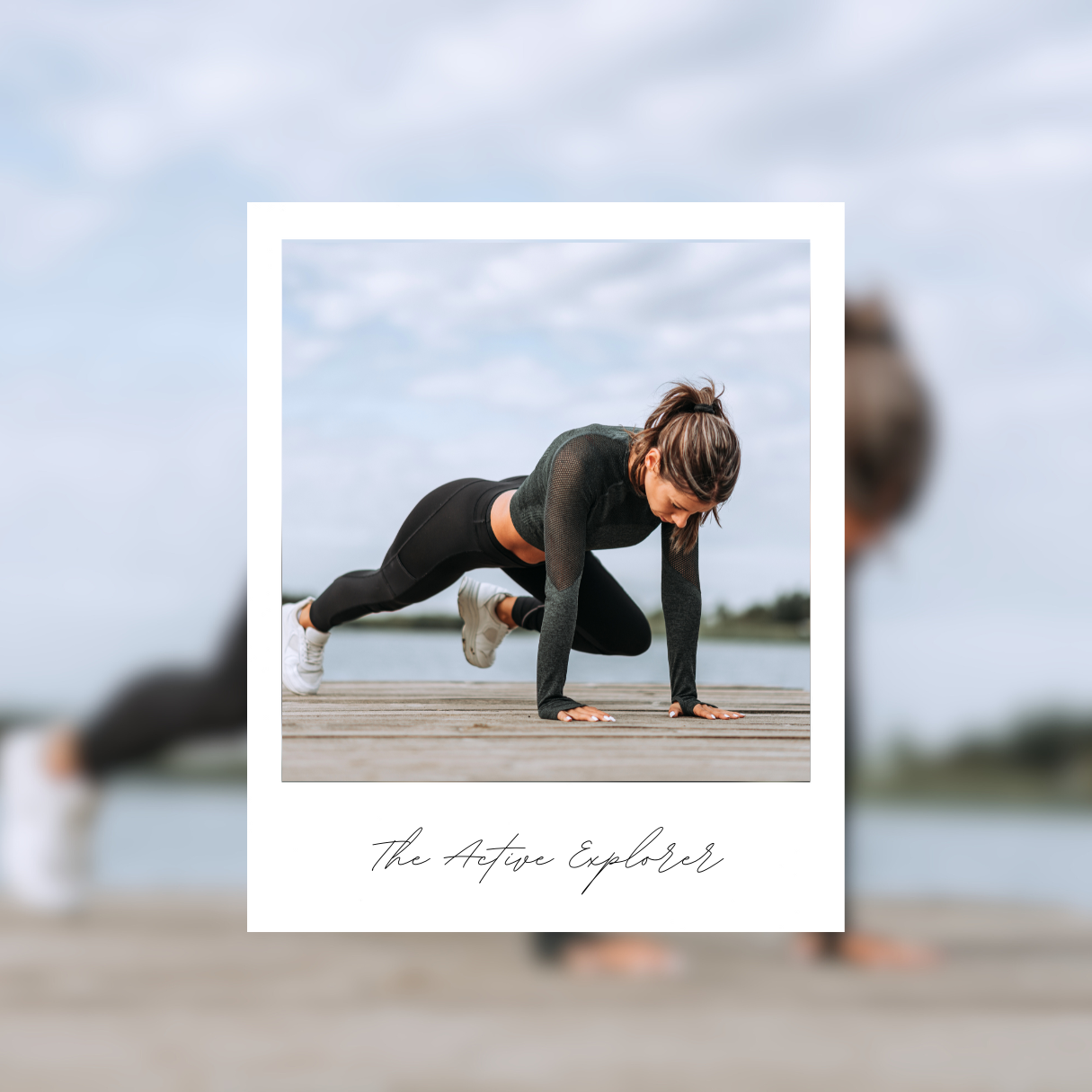 A fit woman in a black workout outfit doing mountain climbers on a pier over a lake