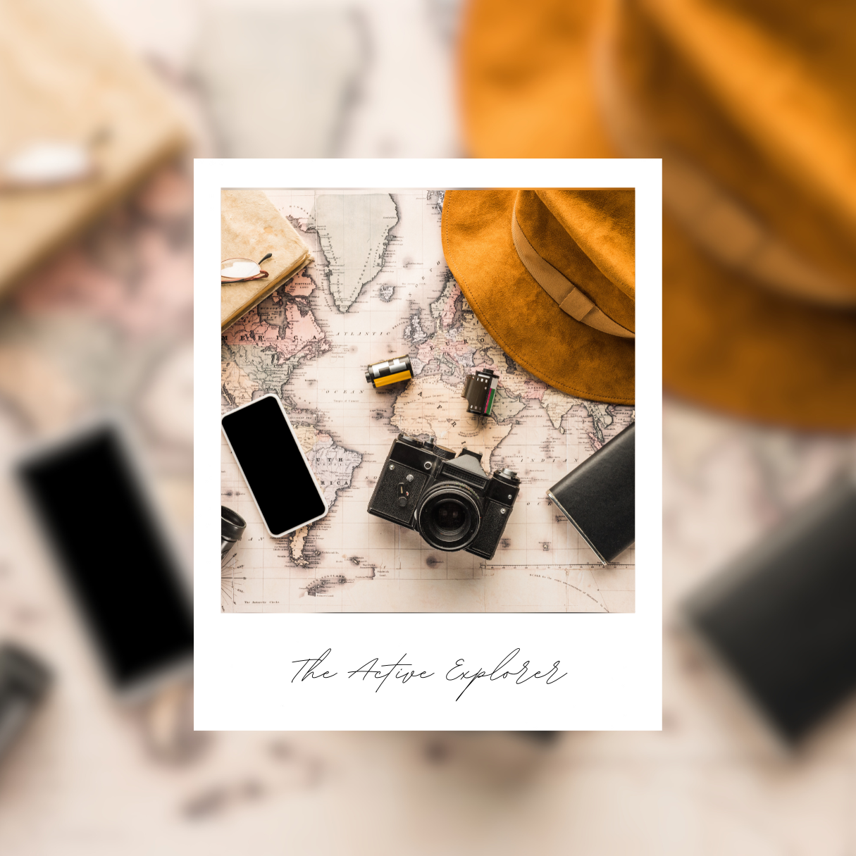 A flatlay image of a world map, a phone, a camera, batteries and a hat of an active traveller