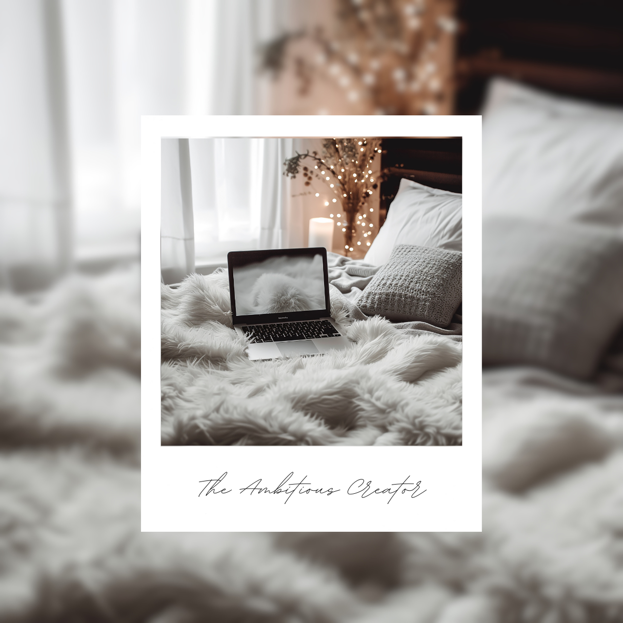 A laptop on a bed with a soft, furry blanket and a tree with fairy lights emitting a soft glow in the background