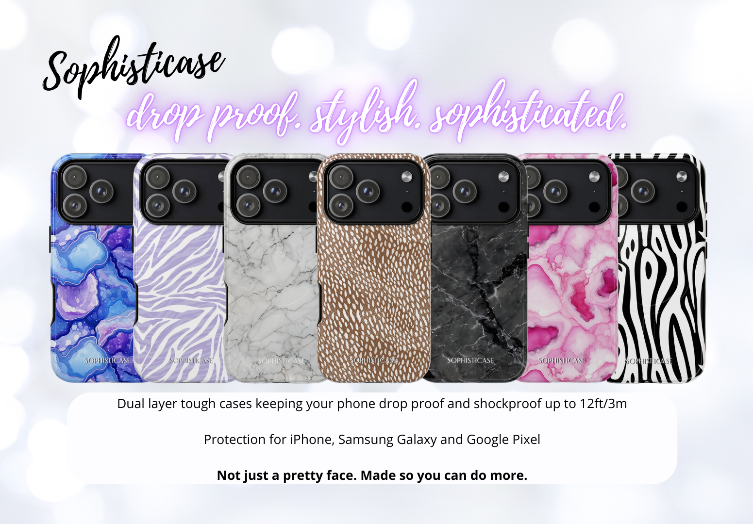 Stylish, fashionable phone cases for women with various designs on a light background, featuring the Australian brand 'Sophisticase'.