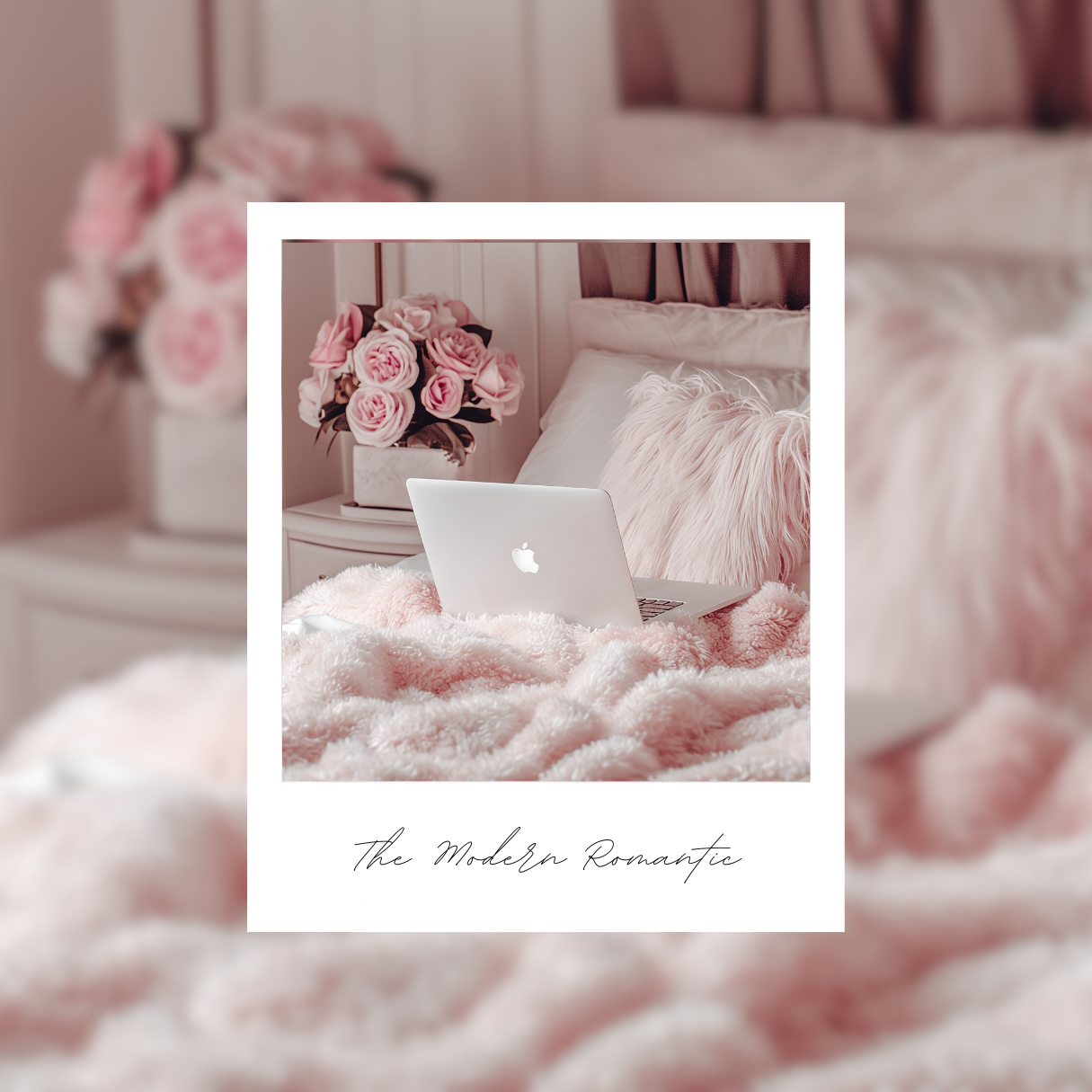 A modern romantic room with a laptop, flowers and a fluffy blanket