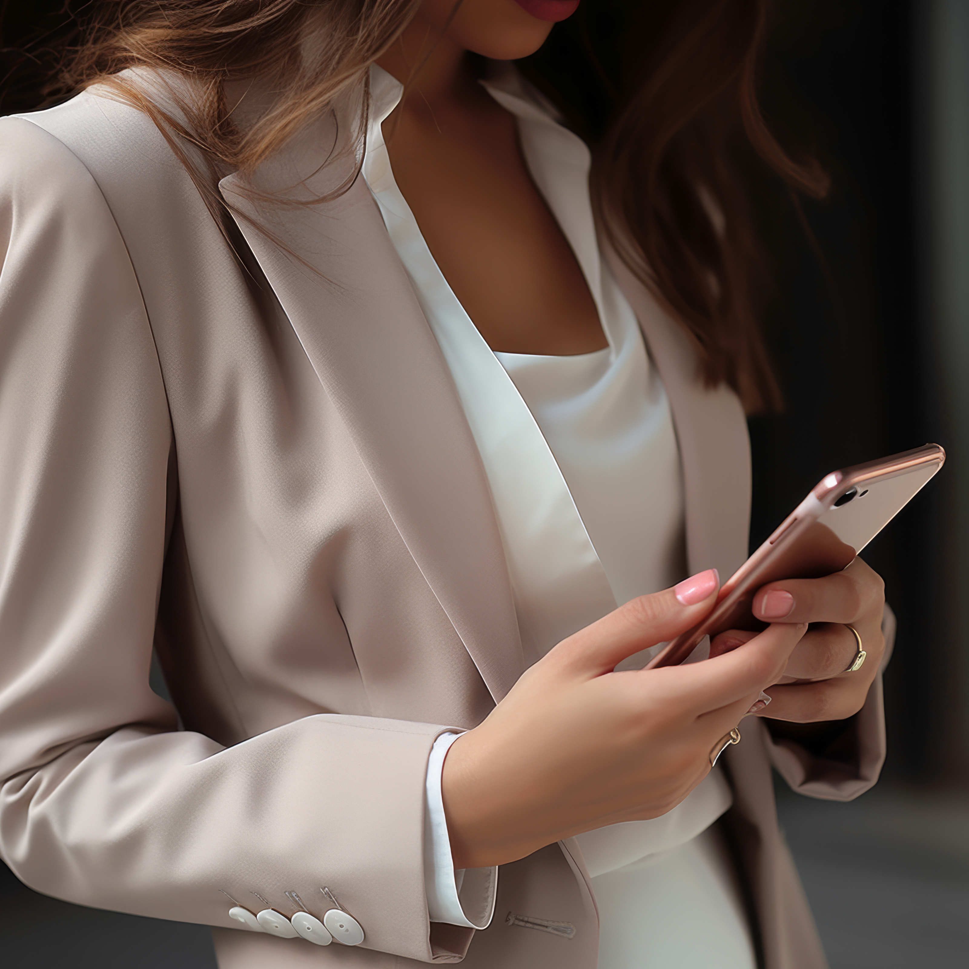 An everyday glow getter woman in a pink business jacket walking through the city looking at her phone