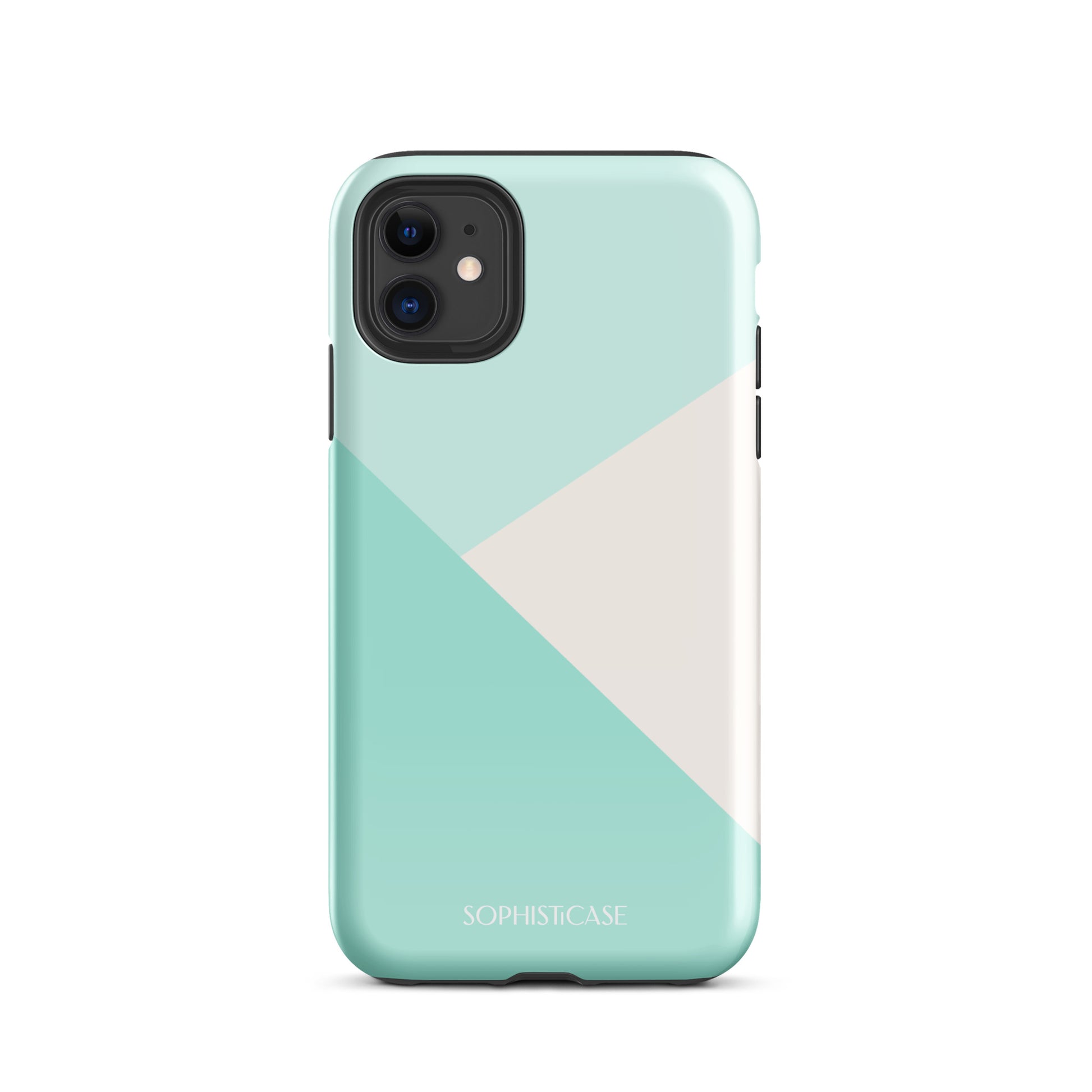 Tough Phone Case Featuring Three Tone Mint Green Cream Diagonal Design for iPhone 11 Glossy