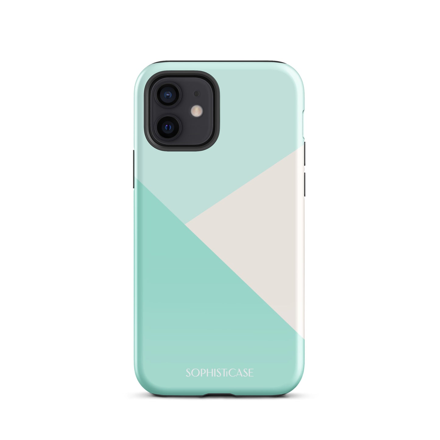 Tough Phone Case Featuring Three Tone Mint Green Cream Diagonal Design for iPhone 12 Glossy