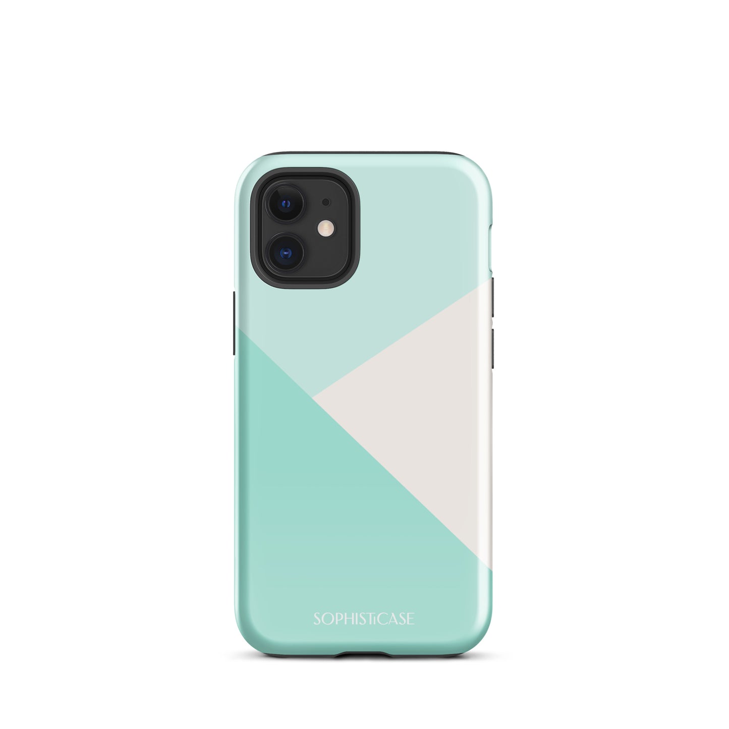 Tough Phone Case Featuring Three Tone Mint Green Cream Diagonal Design for iPhone 12 Mini Glossy