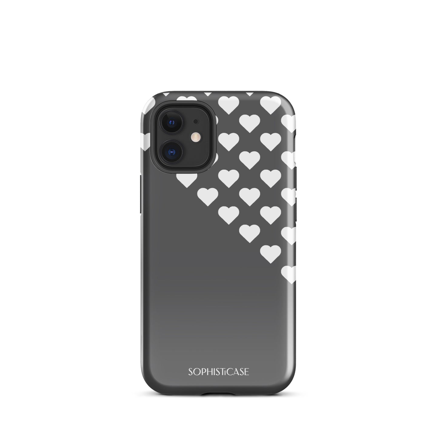 Tough Phone Case Featuring Black Cream Tiny Hearts Design for iPhone 12 Mini Glossy