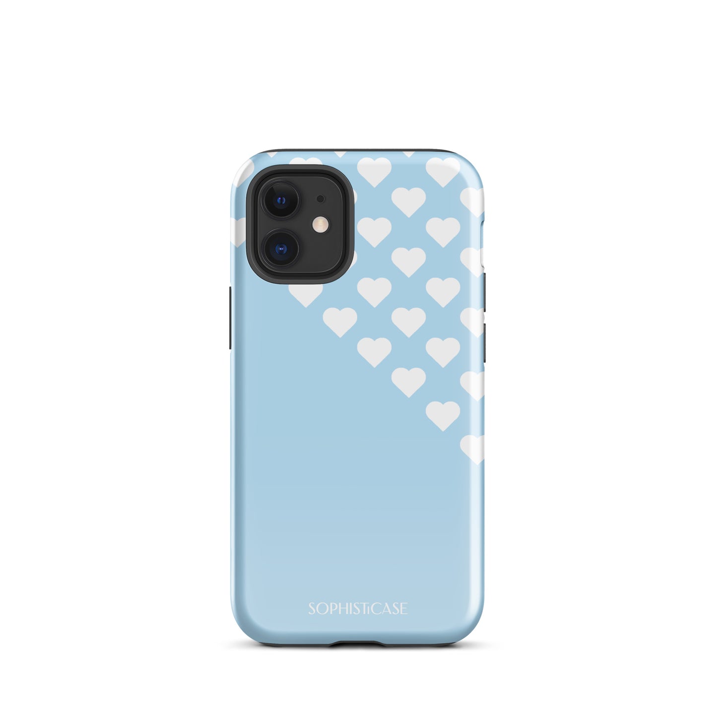 Tough Phone Case Featuring Blue Cream Tiny Hearts Design for iPhone 12 Mini Glossy