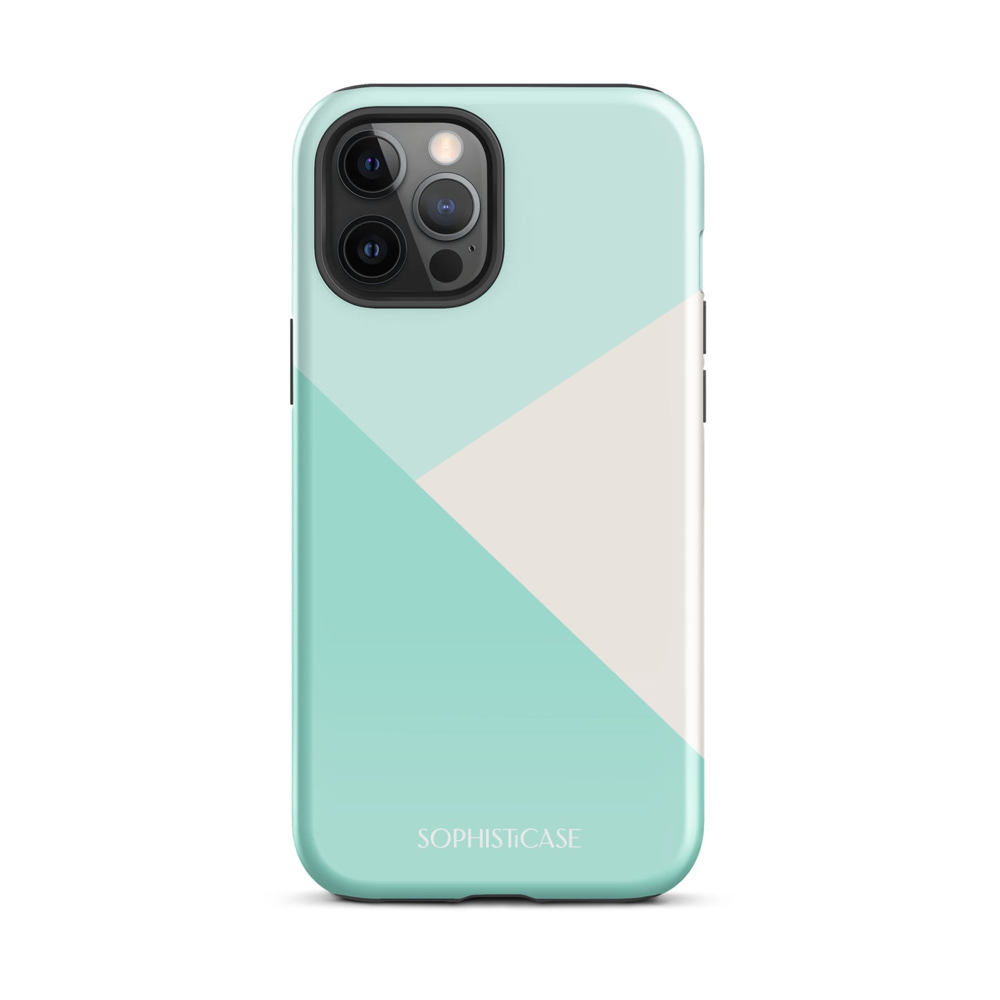 Tough Phone Case Featuring Three Tone Mint Green Cream Diagonal Design for iPhone 12 Pro Max Glossy