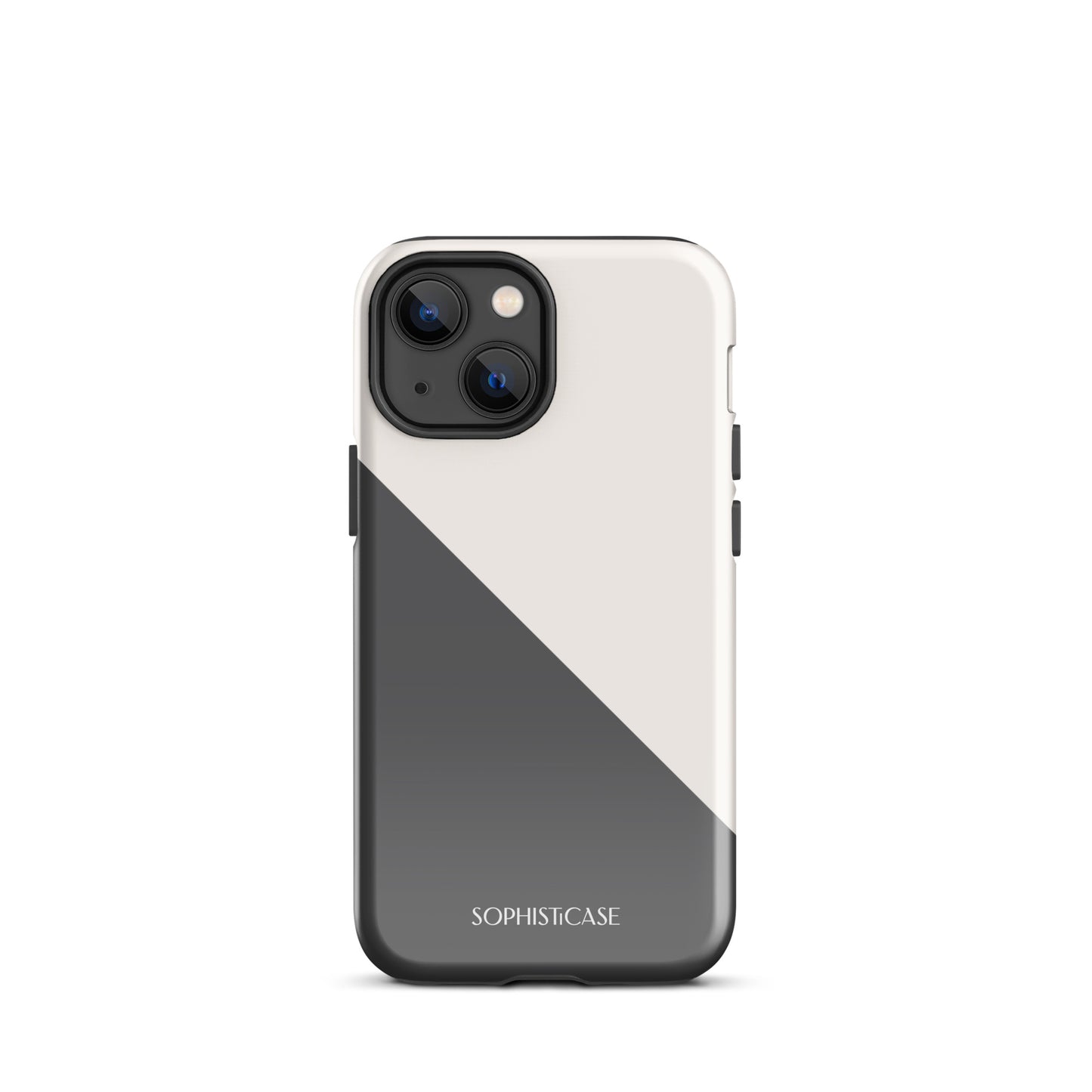 Tough Phone Case Featuring Grey Cream Diagonal Split Design for iPhone 13 Mini Glossy