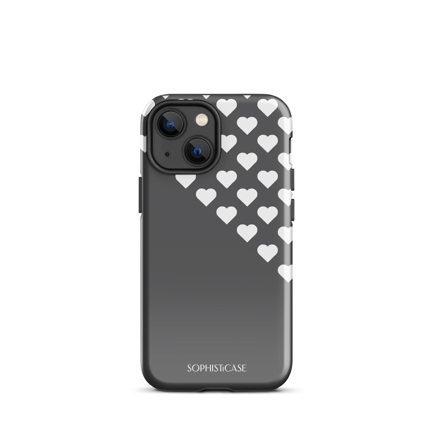 Tough Phone Case Featuring Black Cream Tiny Hearts Design for iPhone 13 Mini Glossy