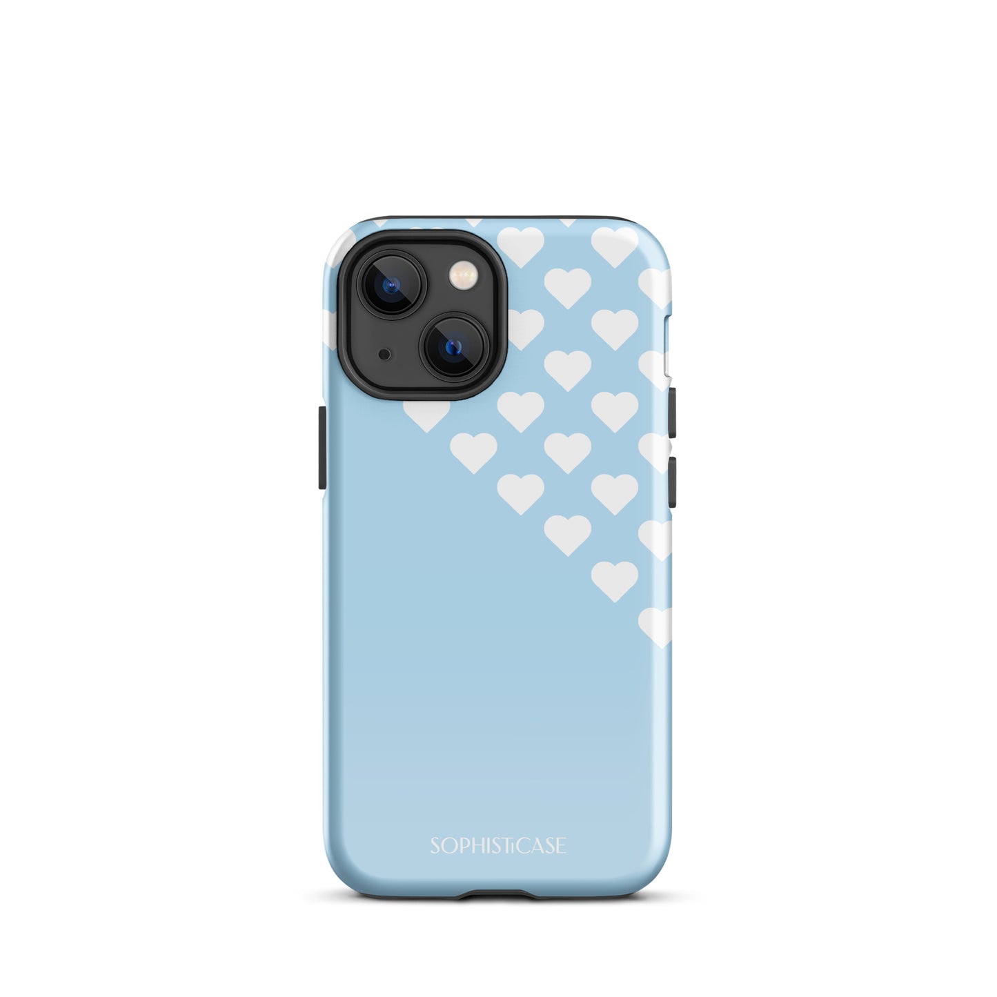 Tough Phone Case Featuring Blue Cream Tiny Hearts Design for iPhone 13 Mini Glossy