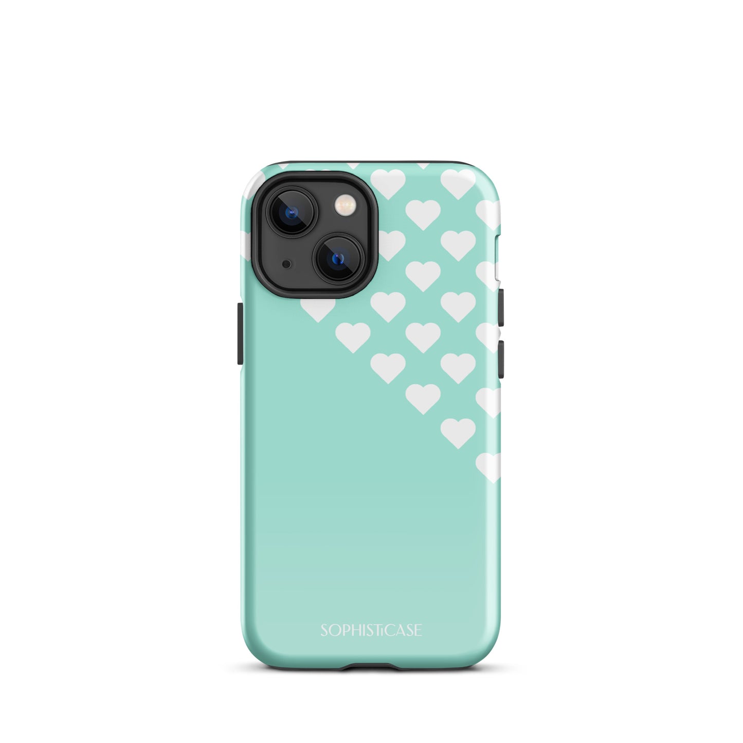 Tough Phone Case Featuring Black Cream Tiny Hearts Design for iPhone 13 Mini Glossy