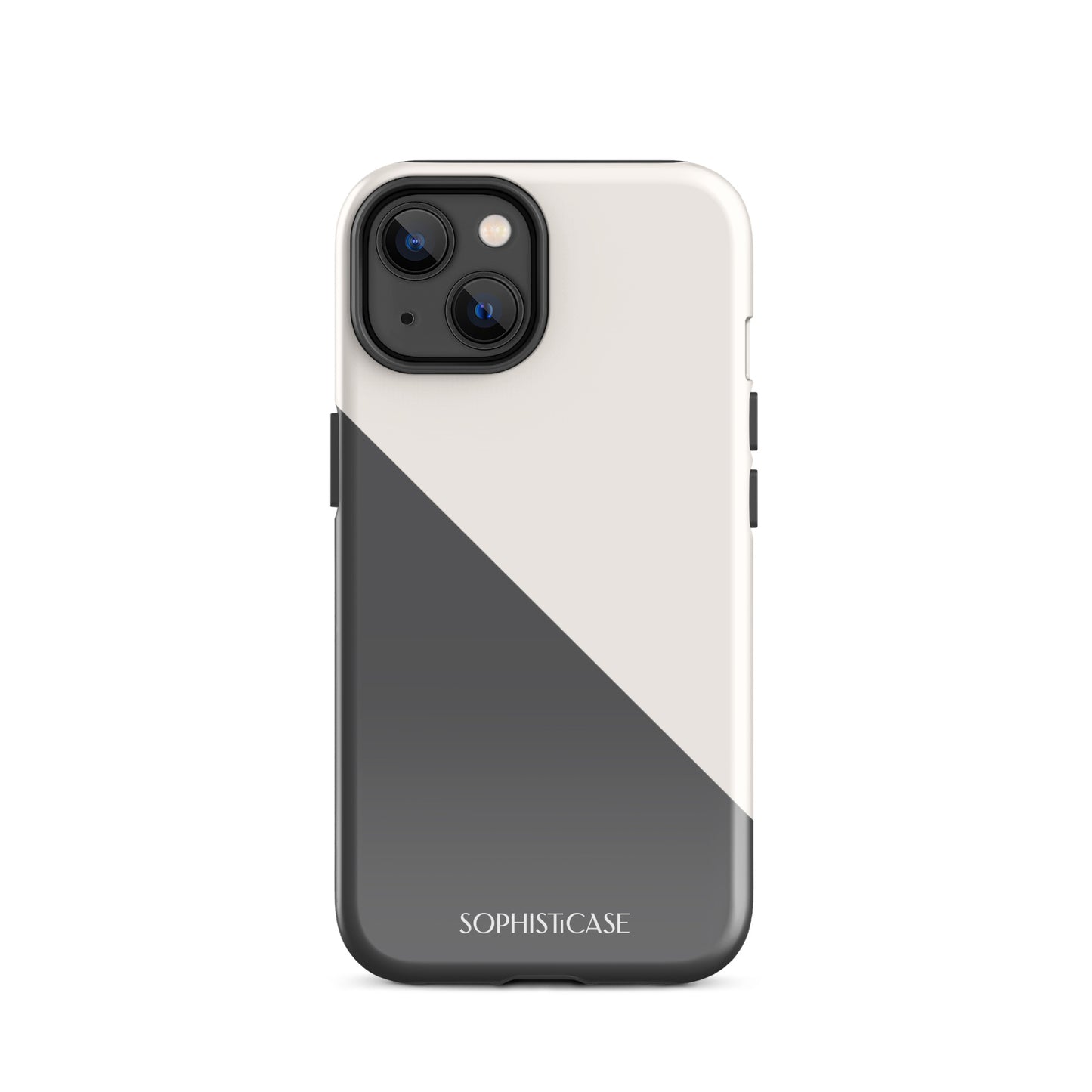 Tough Phone Case Featuring Grey Cream Diagonal Split Design for iPhone 14 Glossy