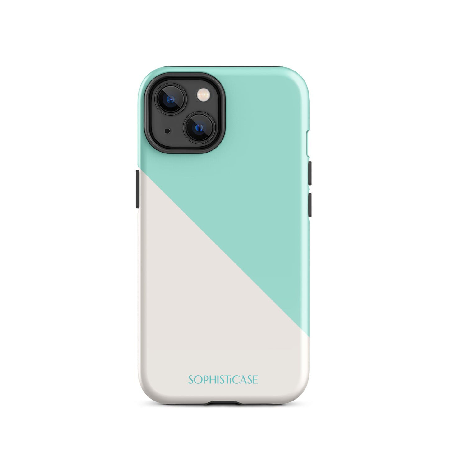 Tough Phone Case Featuring Mint Green Cream Diagonal Split Design for iPhone 14 Glossy