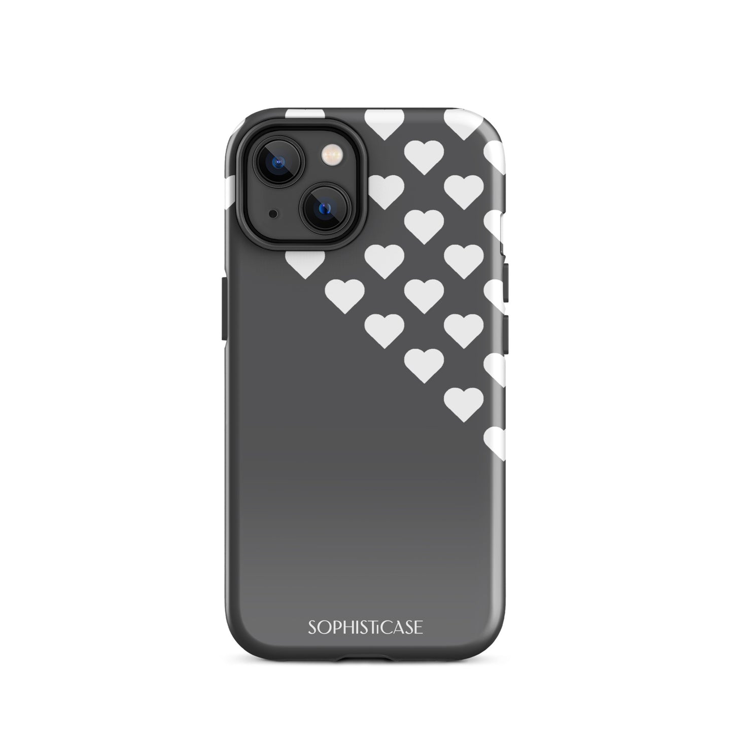 Tough Phone Case Featuring Black Cream Tiny Hearts Design for iPhone 14 Glossy