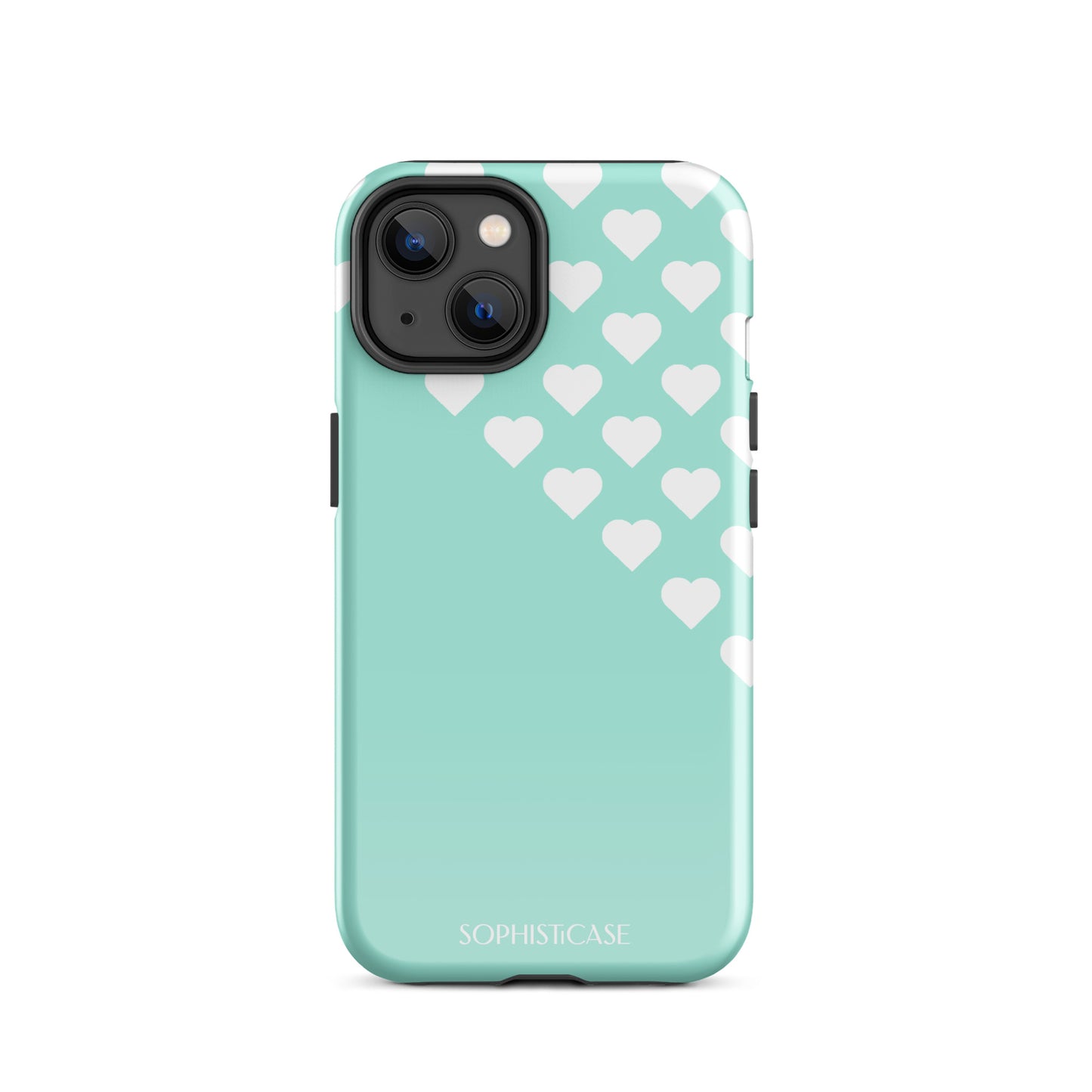 Tough Phone Case Featuring Black Cream Tiny Hearts Design for iPhone 14 Glossy 