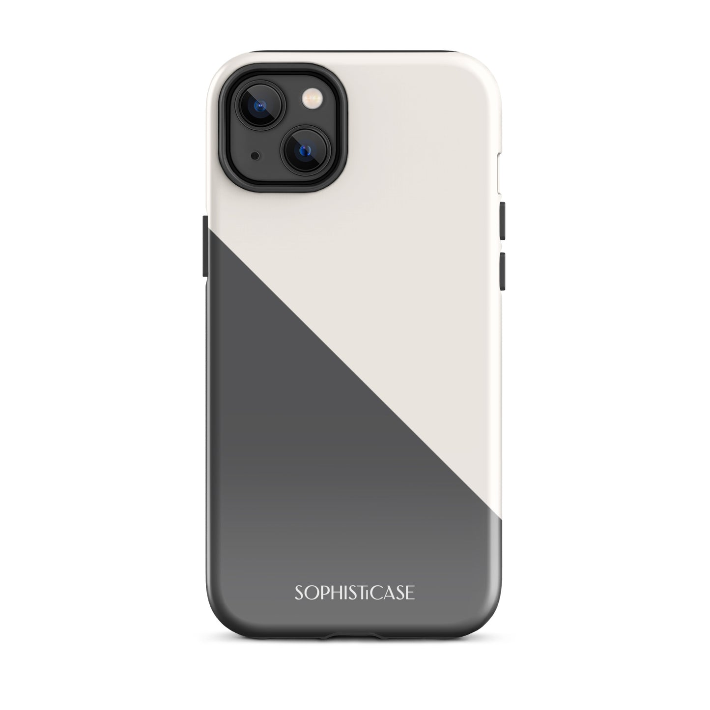 Tough Phone Case Featuring Grey Cream Diagonal Split Design for iPhone 14 Plus Glossy