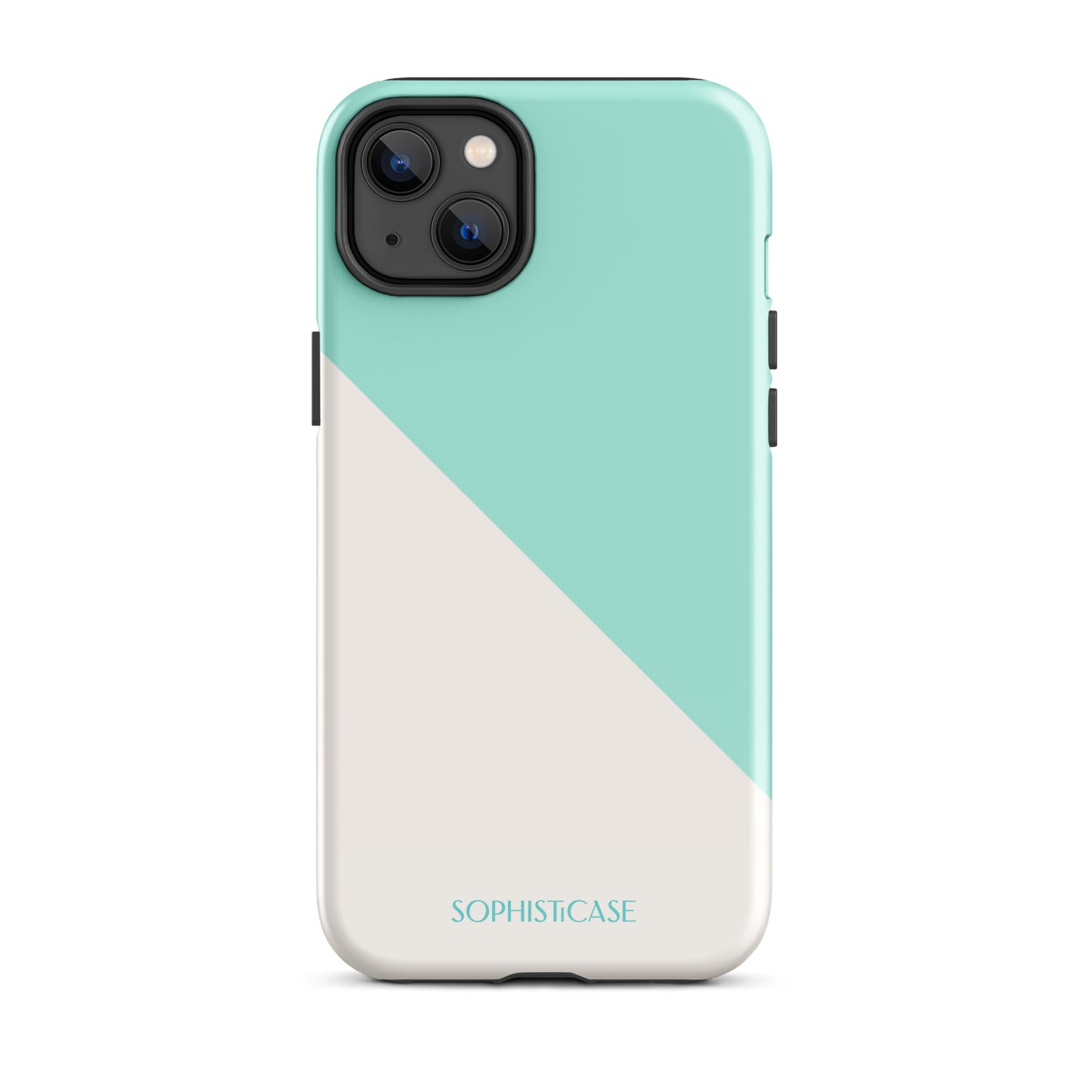 Tough Phone Case Featuring Mint Green Cream Diagonal Split Design for iPhone 14 Plus Glossy