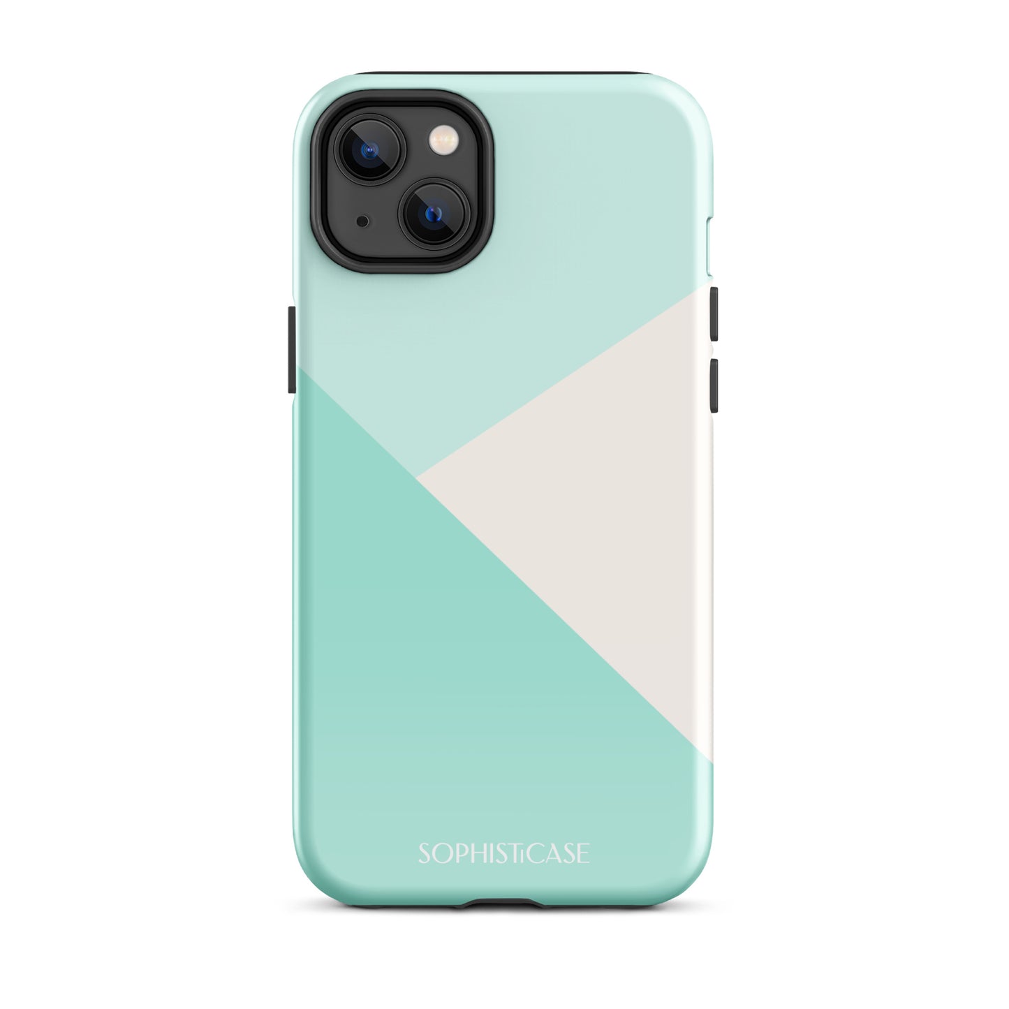 Tough Phone Case Featuring Three Tone Mint Green Cream Diagonal Design for iPhone 14 Plus Glossy