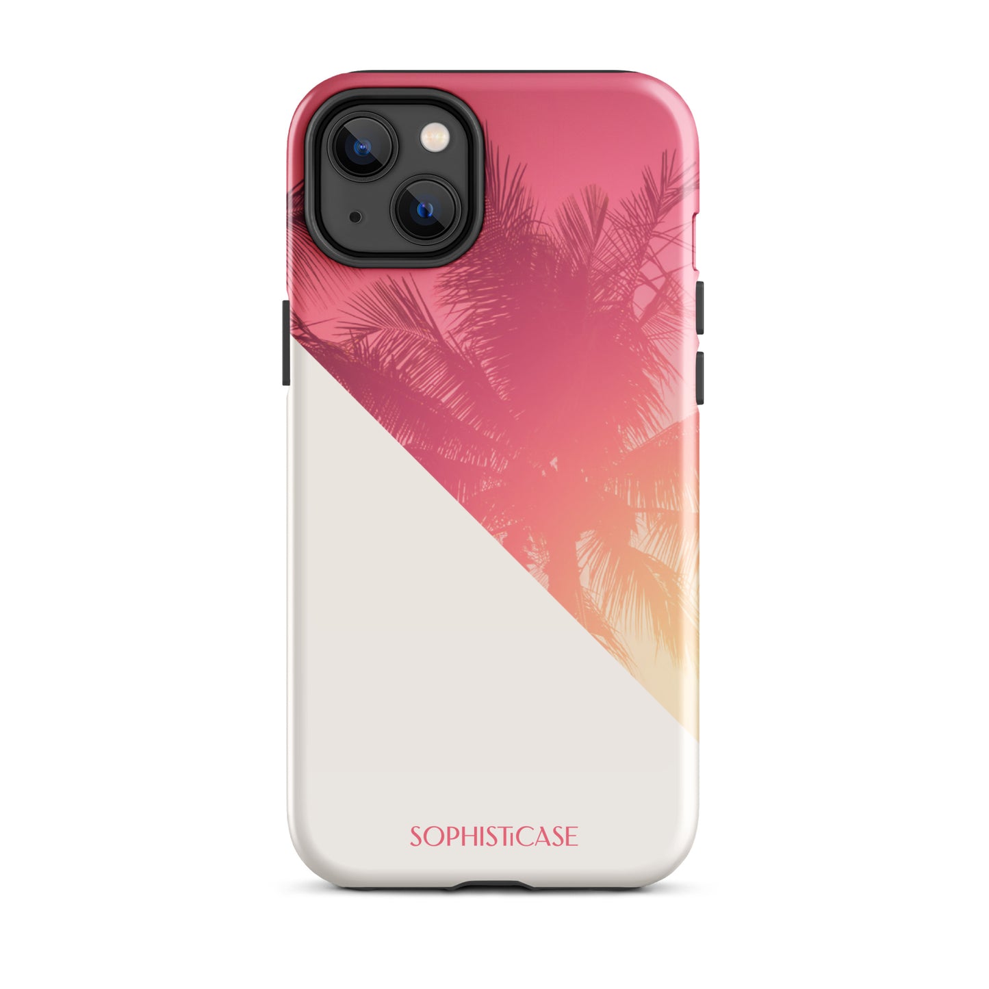 Tough Phone Case Featuring Red Cream Summer Palm Tree Design for iPhone 14 Plus Glossy