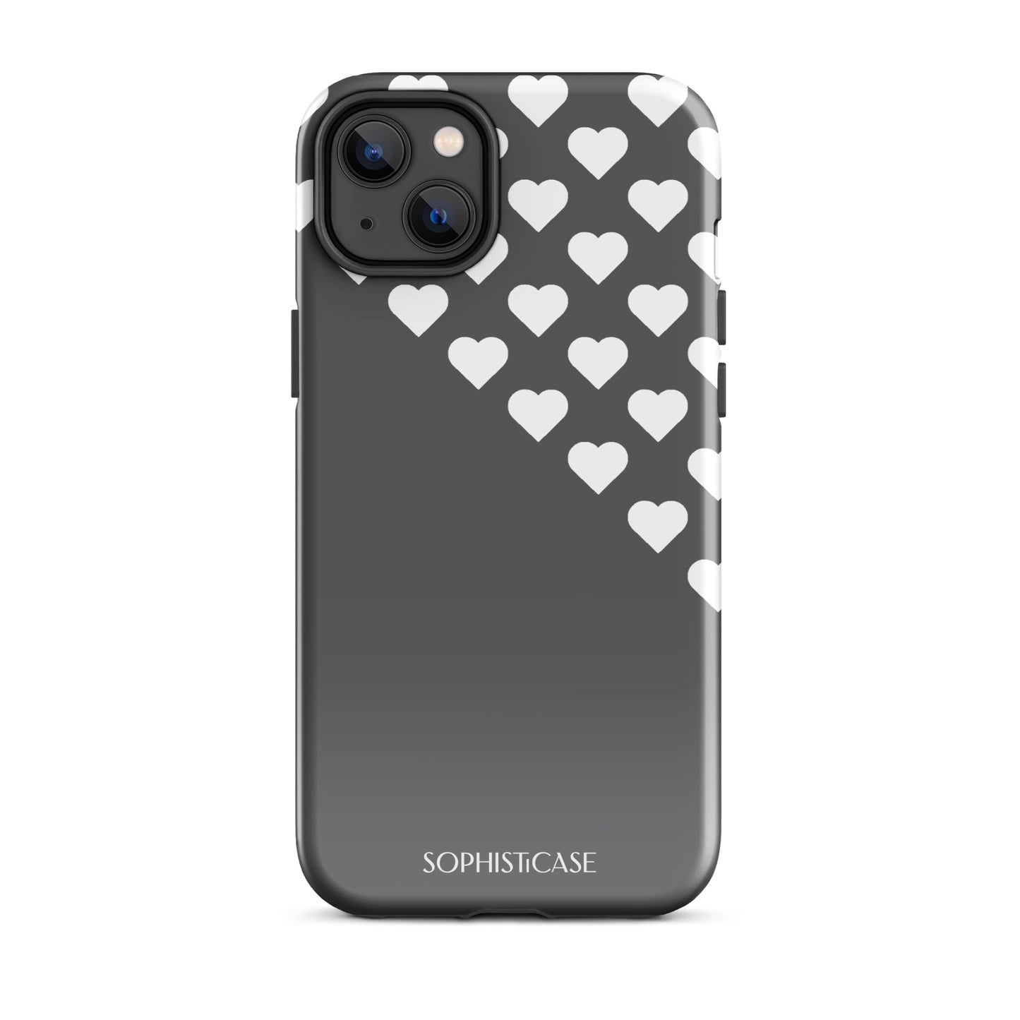 Tough Phone Case Featuring Black Cream Tiny Hearts Design for iPhone 14 Plus Glossy