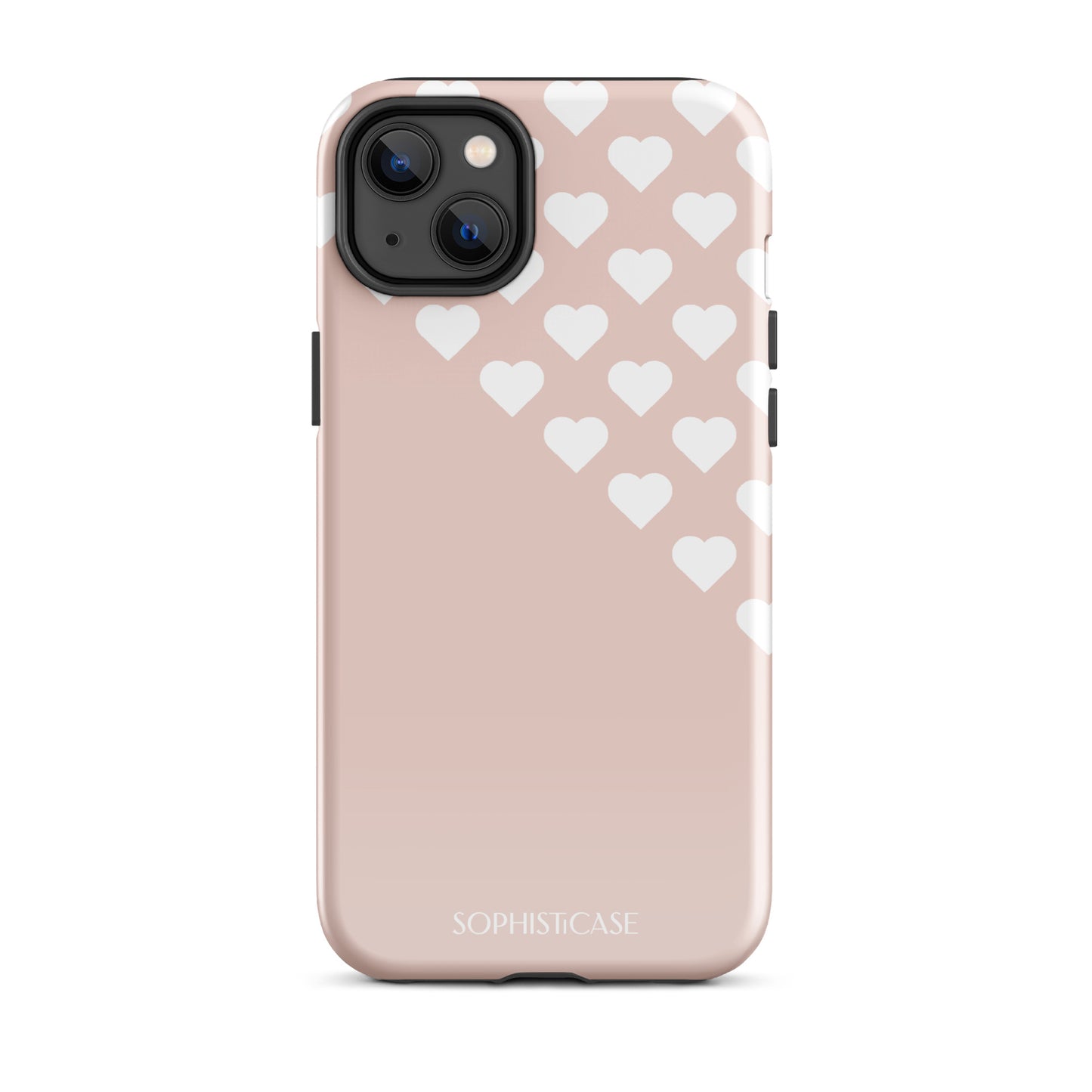 Tough Phone Case Featuring Neutral Beige Cream Tiny Hearts Design for iPhone 14 Plus Glossy