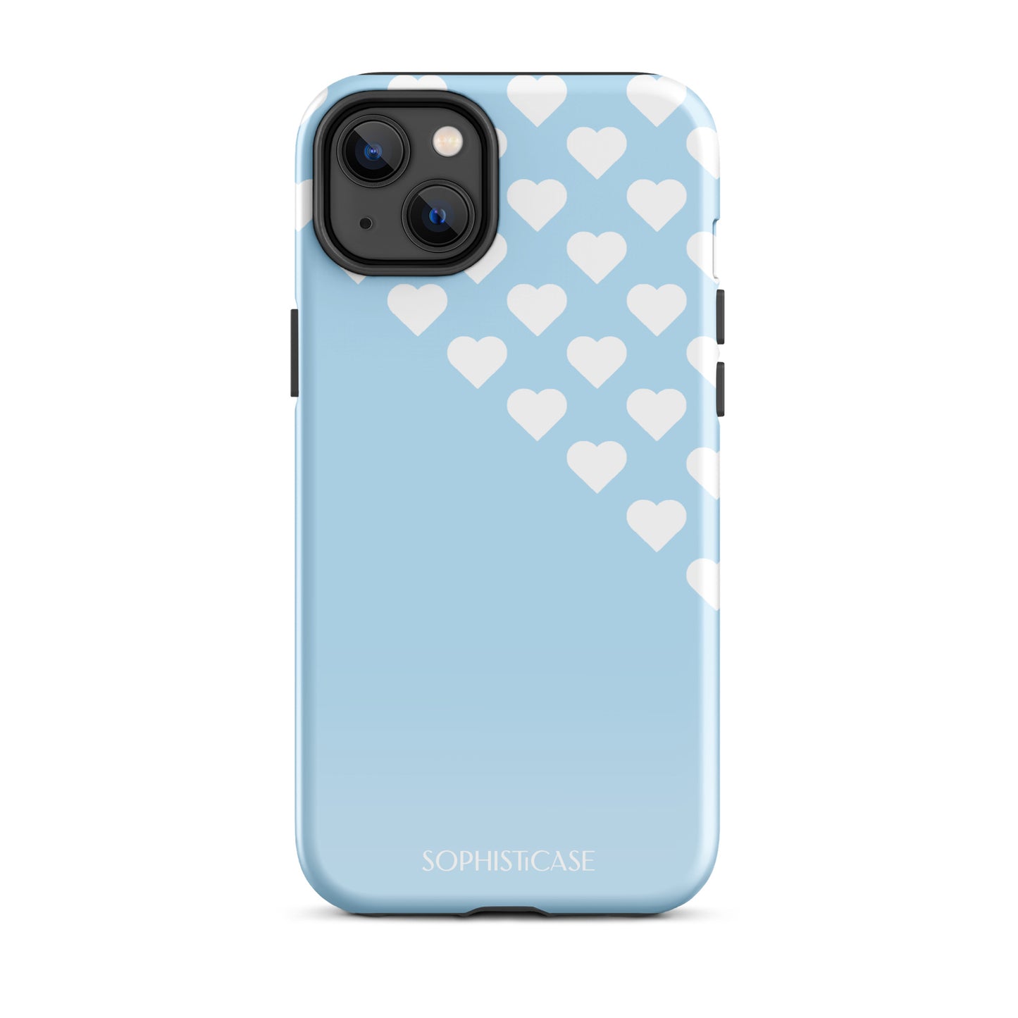 Tough Phone Case Featuring Blue Cream Tiny Hearts Design for iPhone 14 Plus Glossy