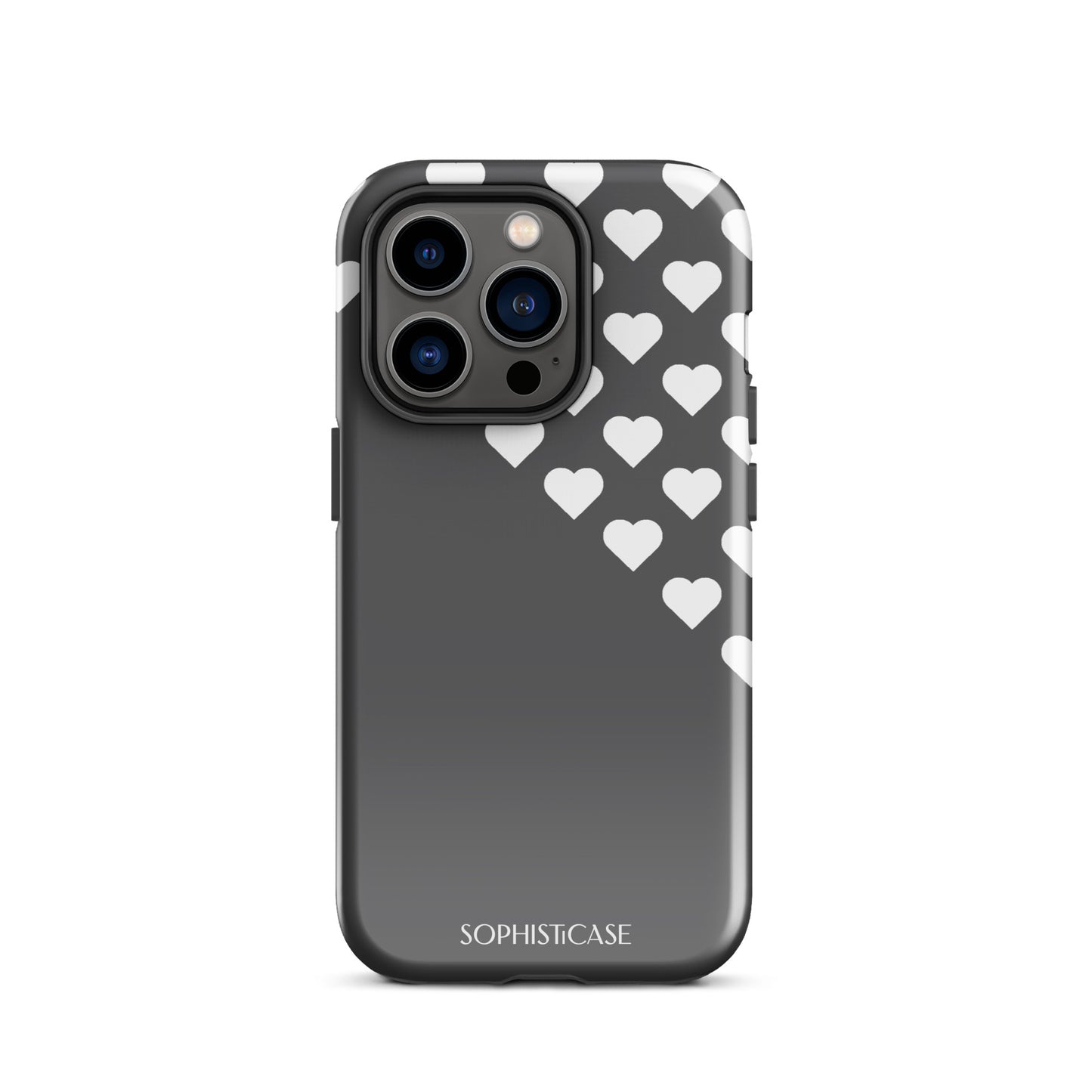 Tough Phone Case Featuring Black Cream Tiny Hearts Design for iPhone 14 Pro Glossy