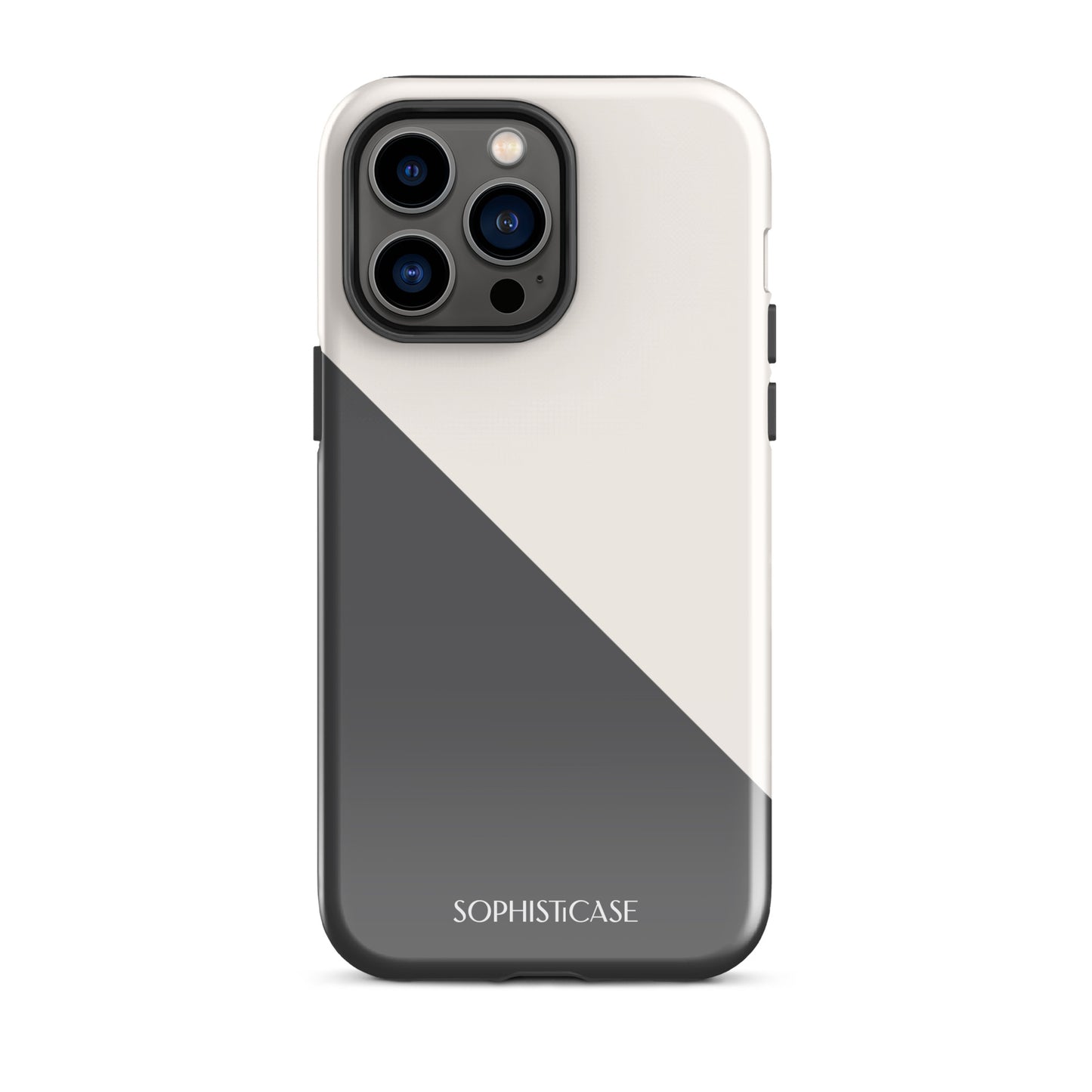 Tough Phone Case Featuring Grey Cream Diagonal Split Design for iPhone 14 Pro Max Glossy