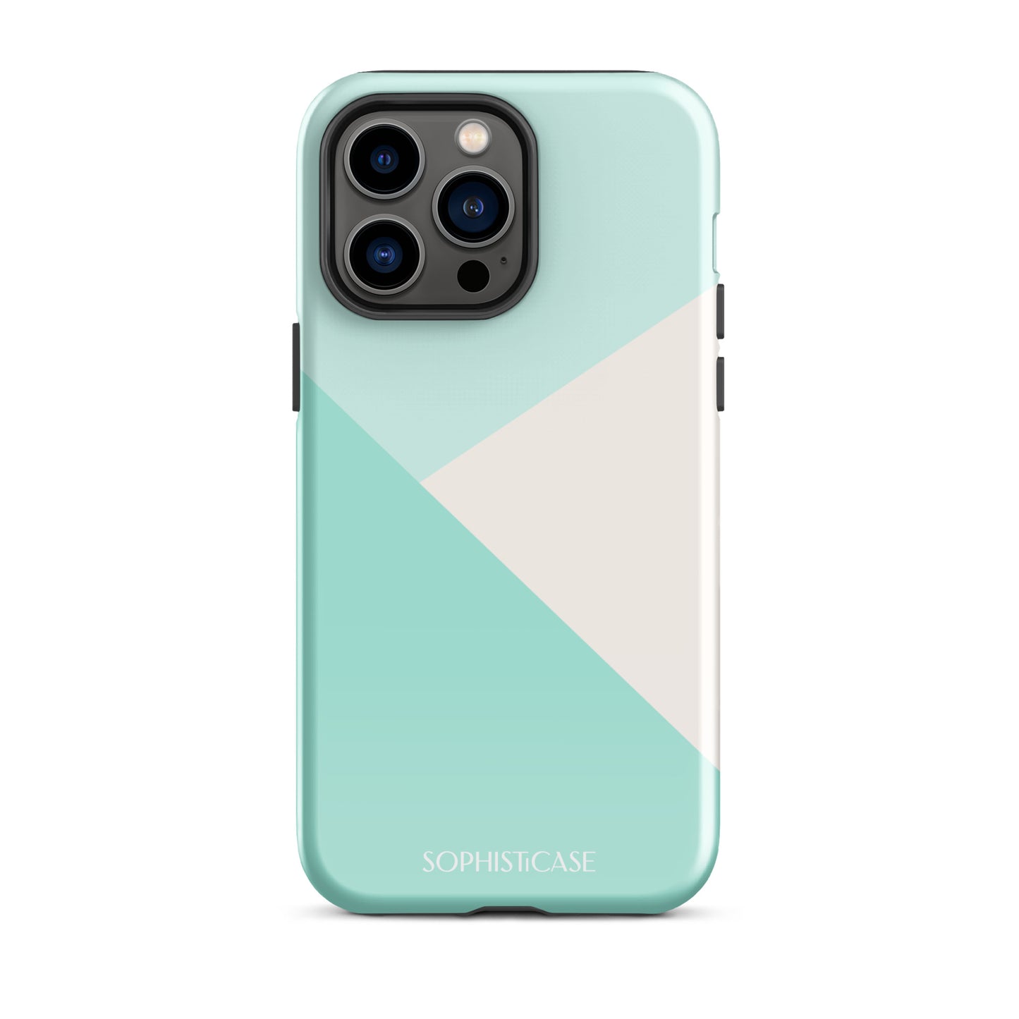 Tough Phone Case Featuring Three Tone Mint Green Cream Diagonal Design for iPhone 14 Pro Max Glossy