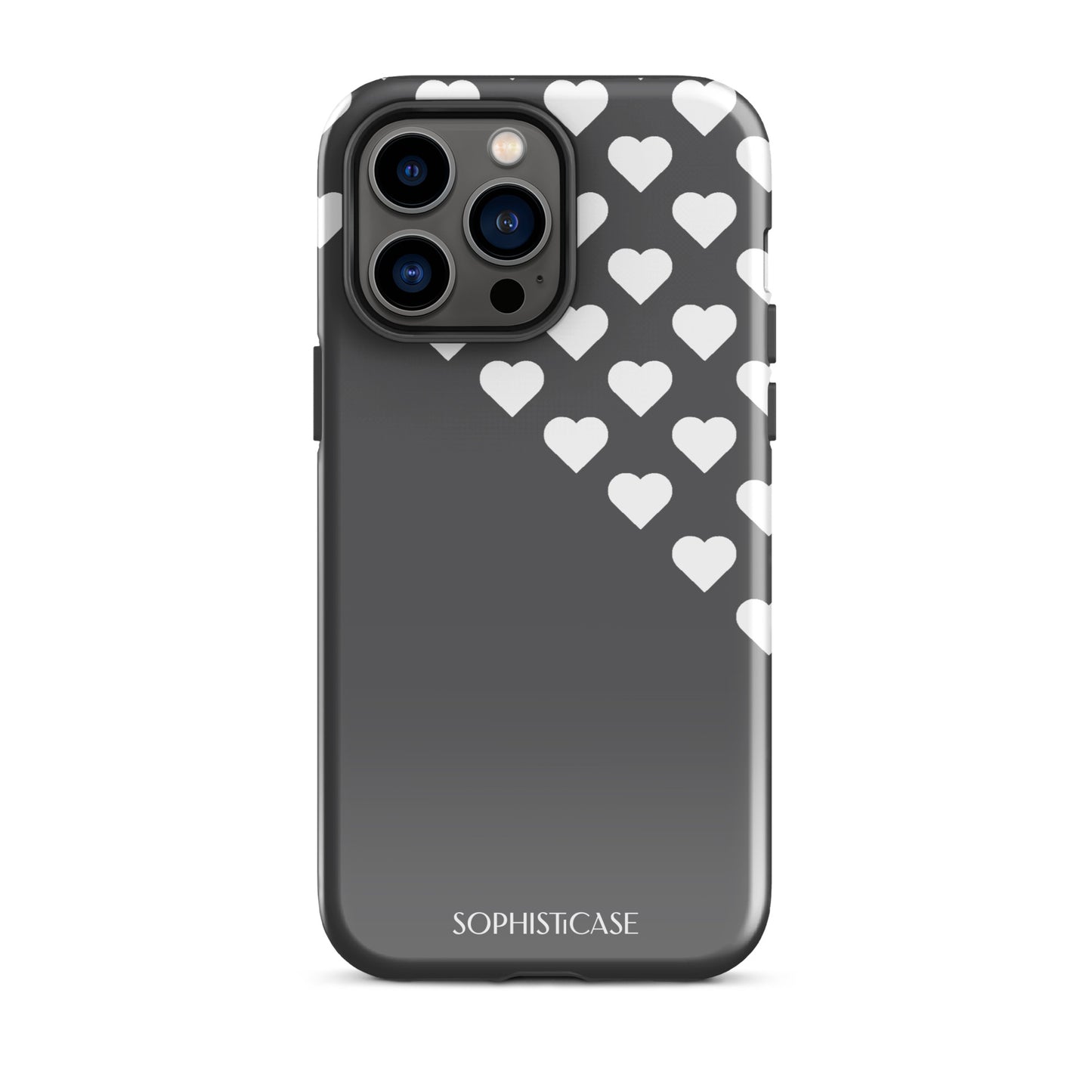 Tough Phone Case Featuring Black Cream Tiny Hearts Design for iPhone 14 Pro Max Glossy