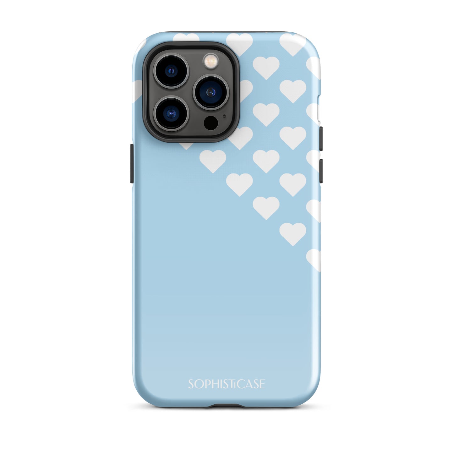 Tough Phone Case Featuring Blue Cream Tiny Hearts Design for iPhone 14 Pro Max Glossy