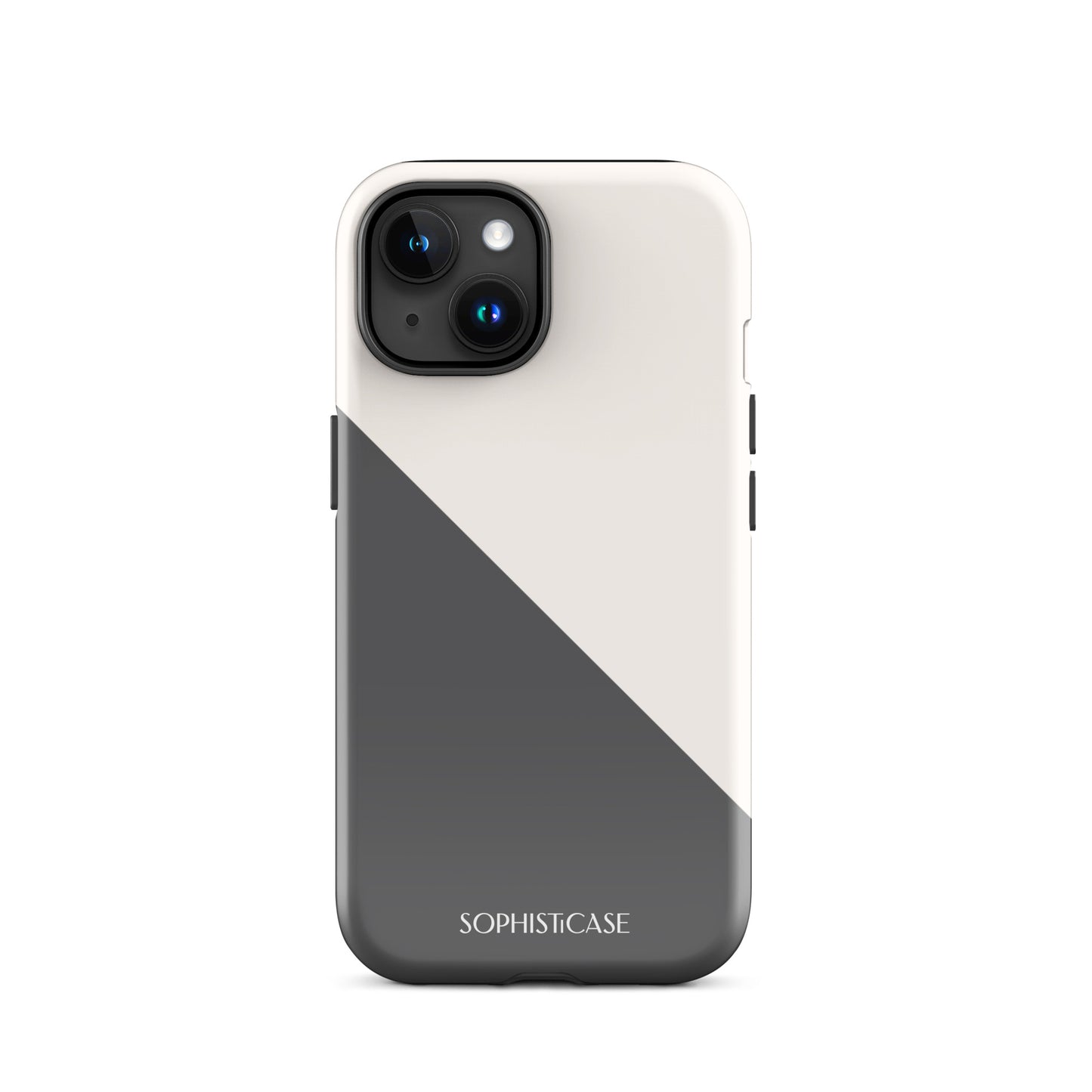 Tough Phone Case Featuring Grey Cream Diagonal Split Design for iPhone 15 Glossy