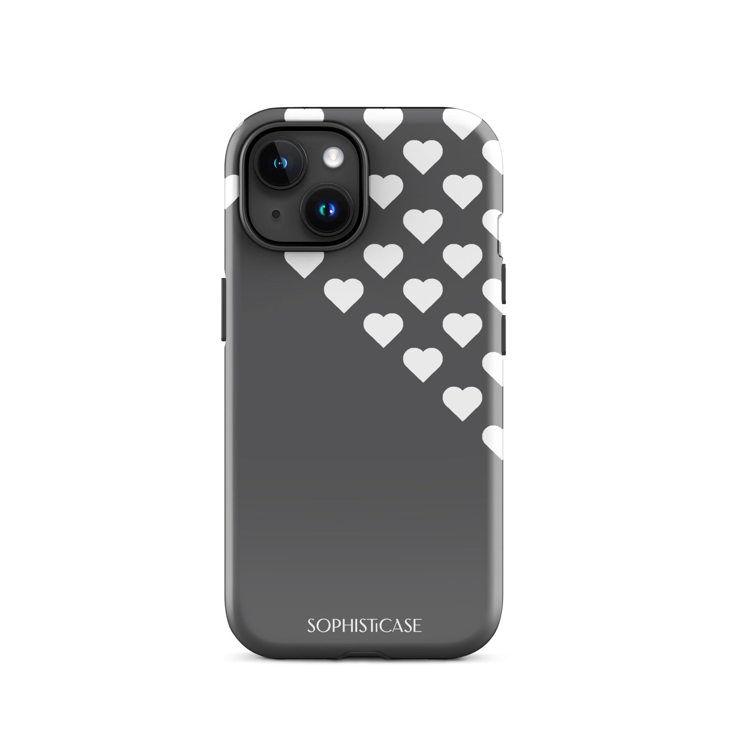 Tough Phone Case Featuring Black Cream Tiny Hearts Design for iPhone 15 Glossy